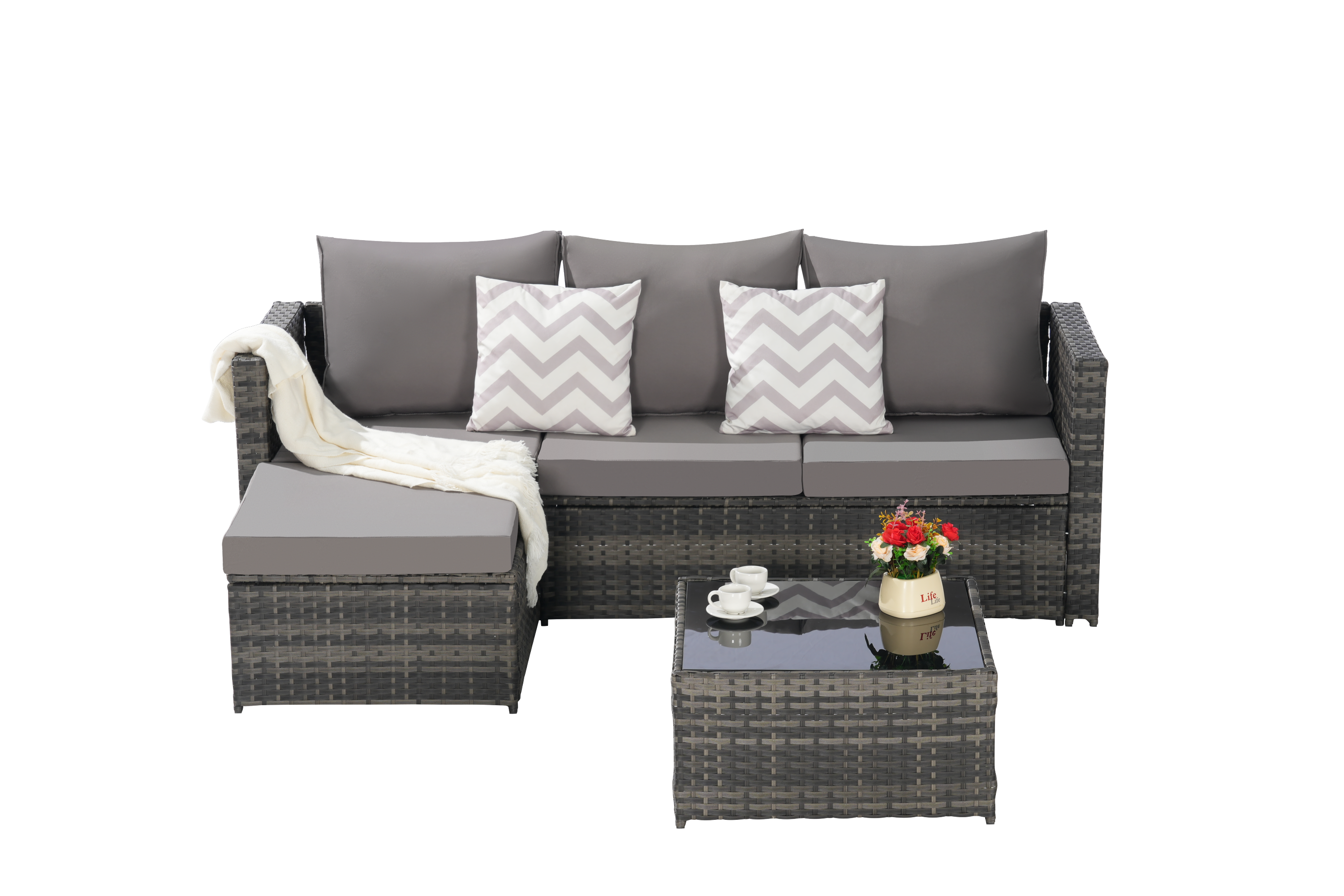 Outdoor Patio Set PE Rattan Metal Dark Gray 3 Piece Ottoman Table