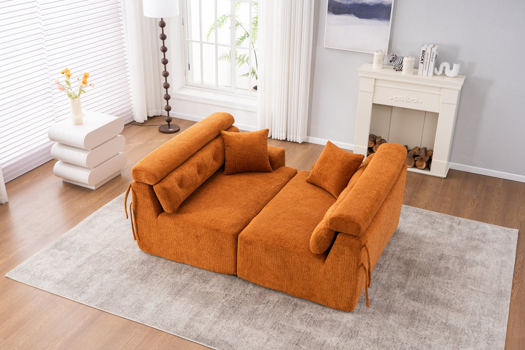 Reconfigurable 4-Seater Sectional Sofa with Wood Grain Chenille Fabric, Amber Orange Modular Sofa with 2 Pillows, High-Density Sponge Couch for Living Room & Apartment