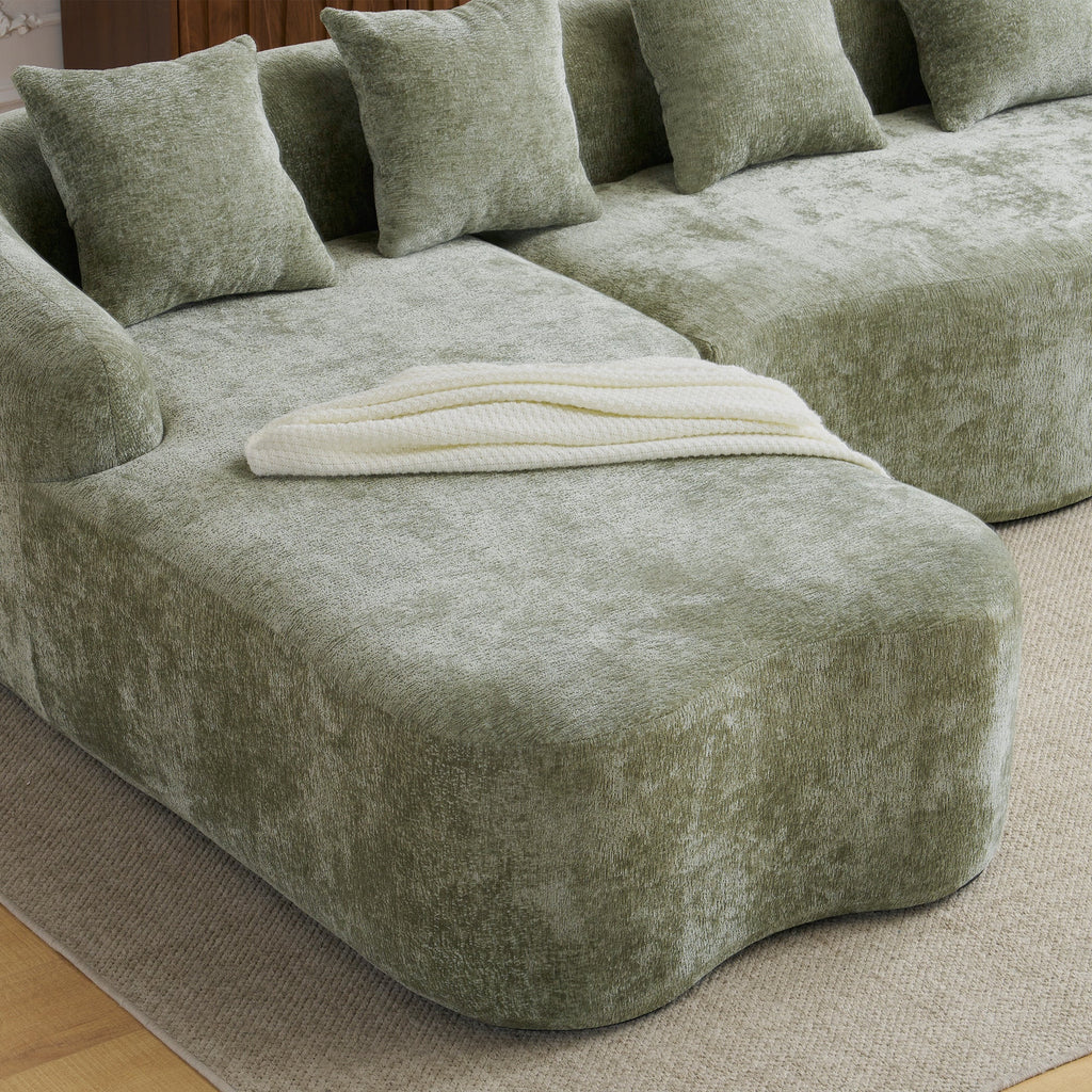 Sectional Sofa l Shape Chenille Green Curved Chaise with Foam and Spring Support