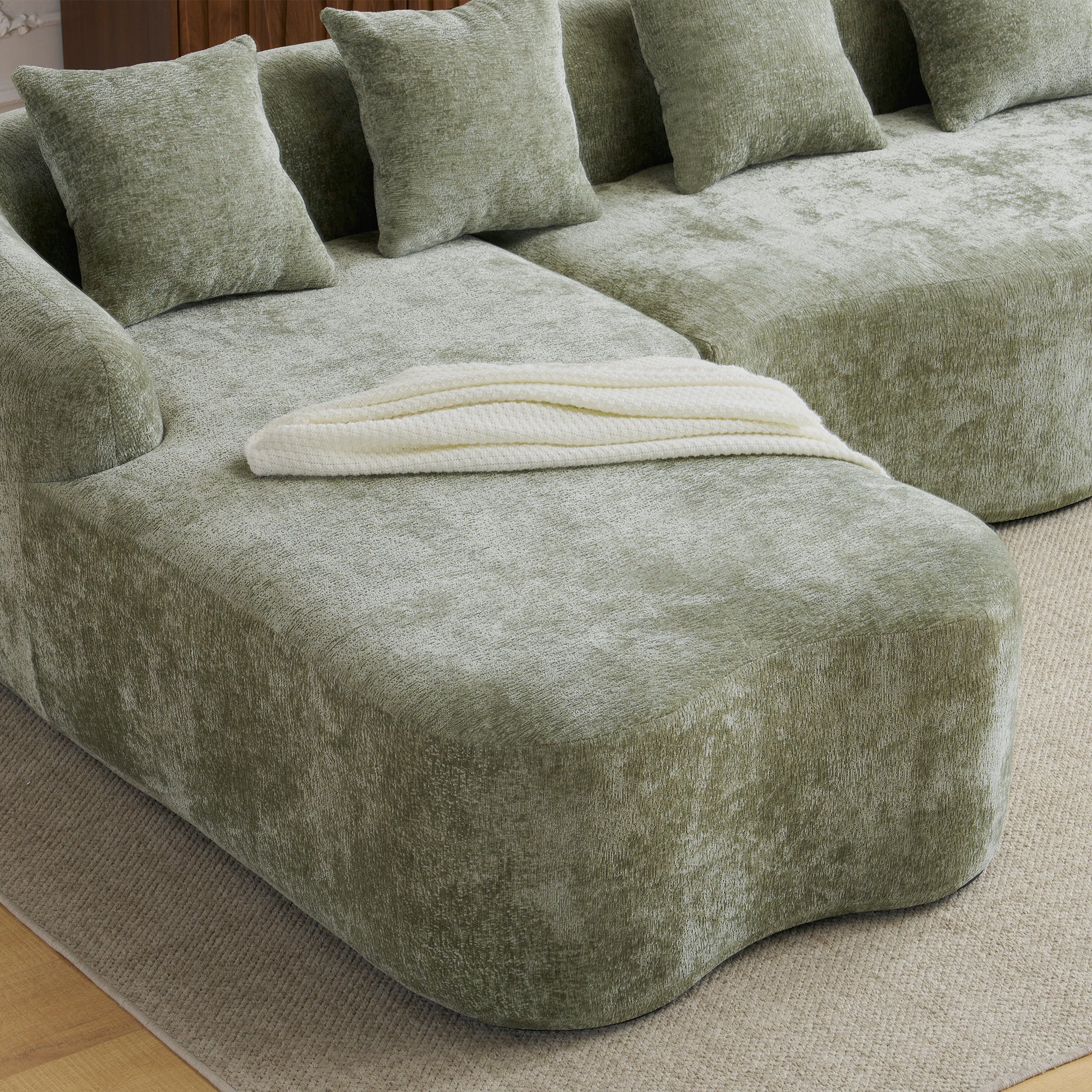 Sectional Sofa l Shape Chenille Green Curved Chaise with Foam and Spring Support