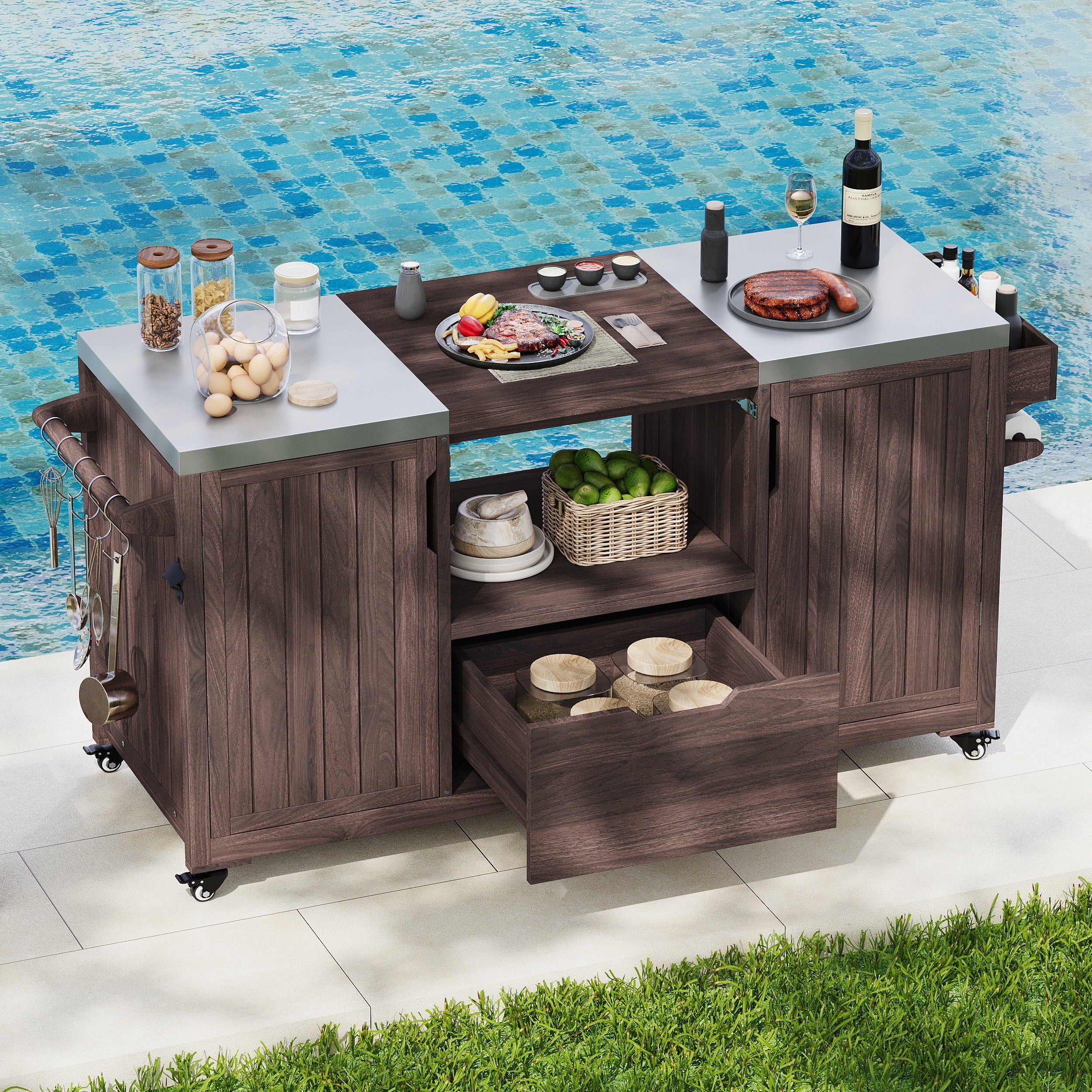 Outdoor Kitchen Island Grill Cart Fir Wood Stainless Steel Top 66.5x23x34 In