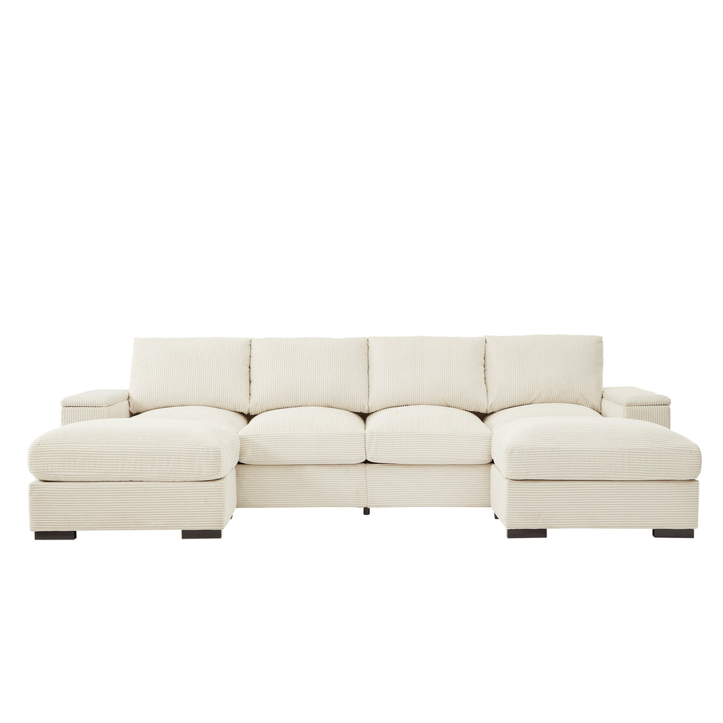 Sectional Sofa L-Shaped Modern Corduroy Beige 122-inch Sleeper with Ottomans