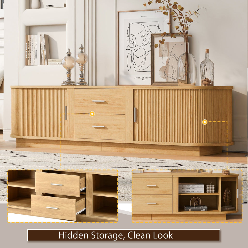 TV Stand American Style Acacia MDF Sliding Door Rounded Corners Fits 75 In TV