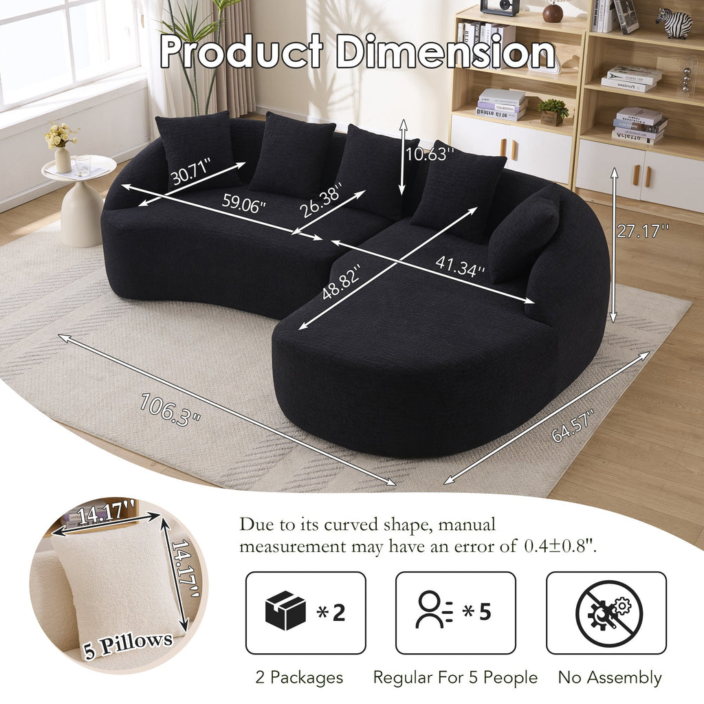 Sectional Sofa l Shaped with Curved Chaise Black Chenille Sleeper