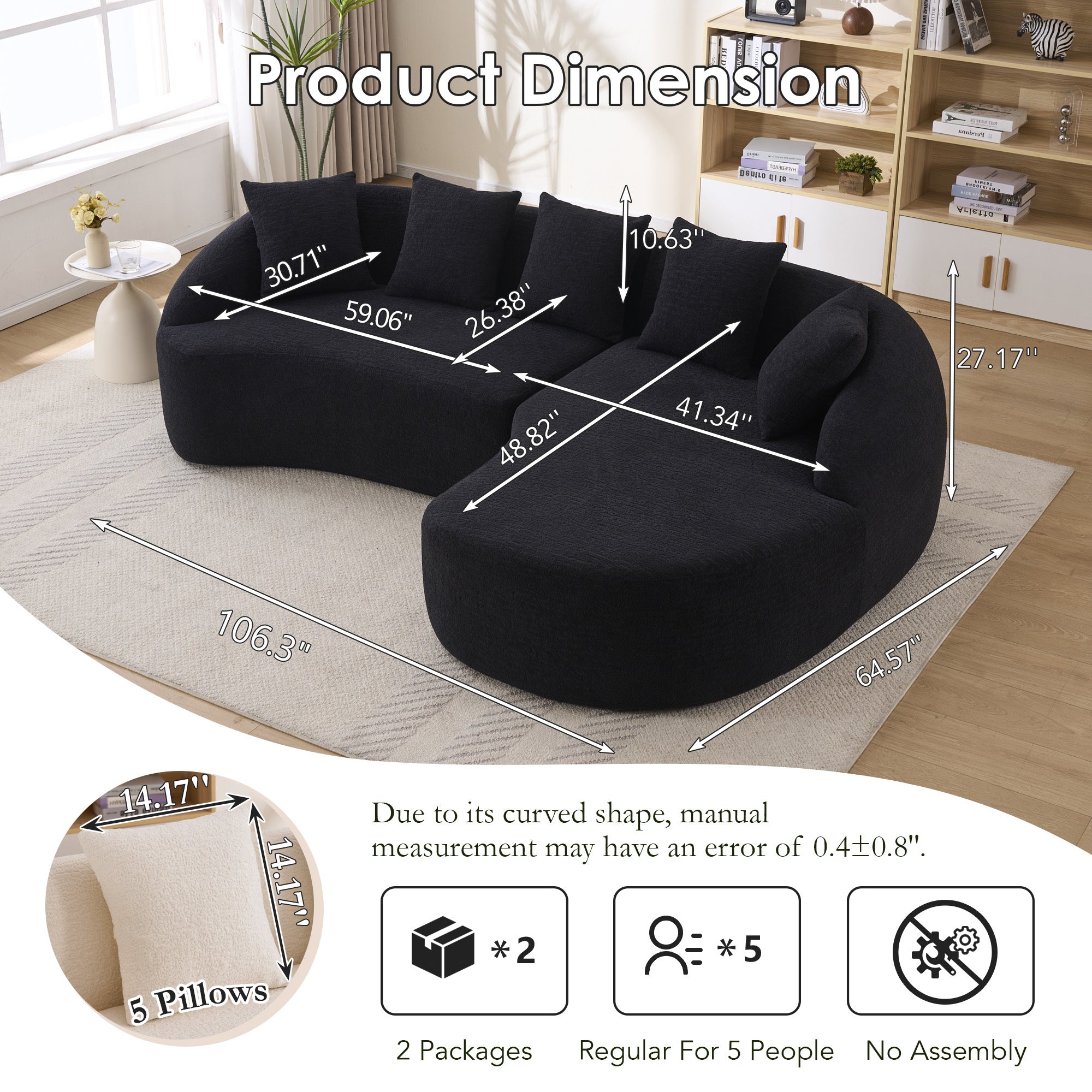 Sectional Sofa l Shaped with Curved Chaise Black Chenille Sleeper