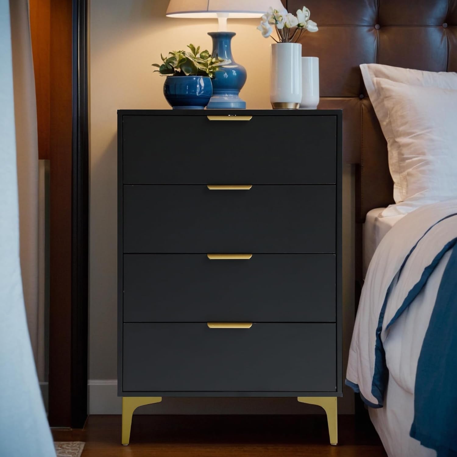 4 Drawer Black Wood Dresser For Bedroom Living Room