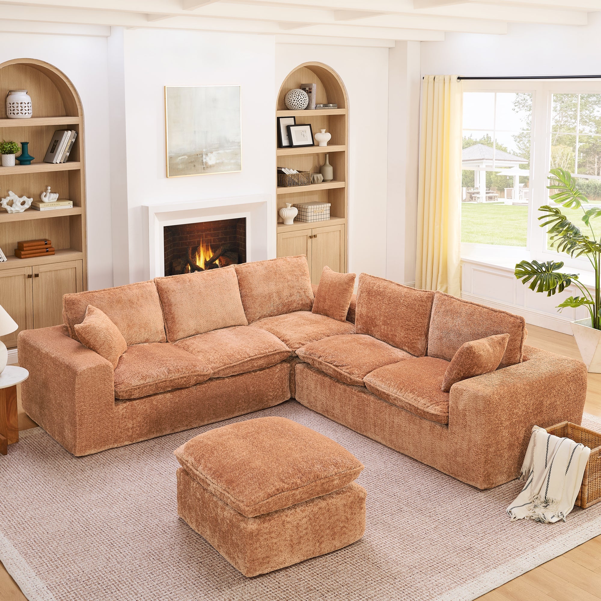 Sectional Sofa Modular Boucle Orange 6 Seat Ottoman 107 In No Assembly