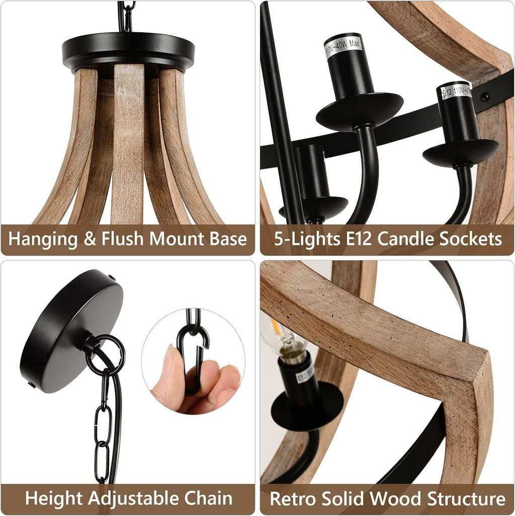 Chandelier Farmhouse 5-Light Solid Wood Adjustable Brown Dining Kitchen