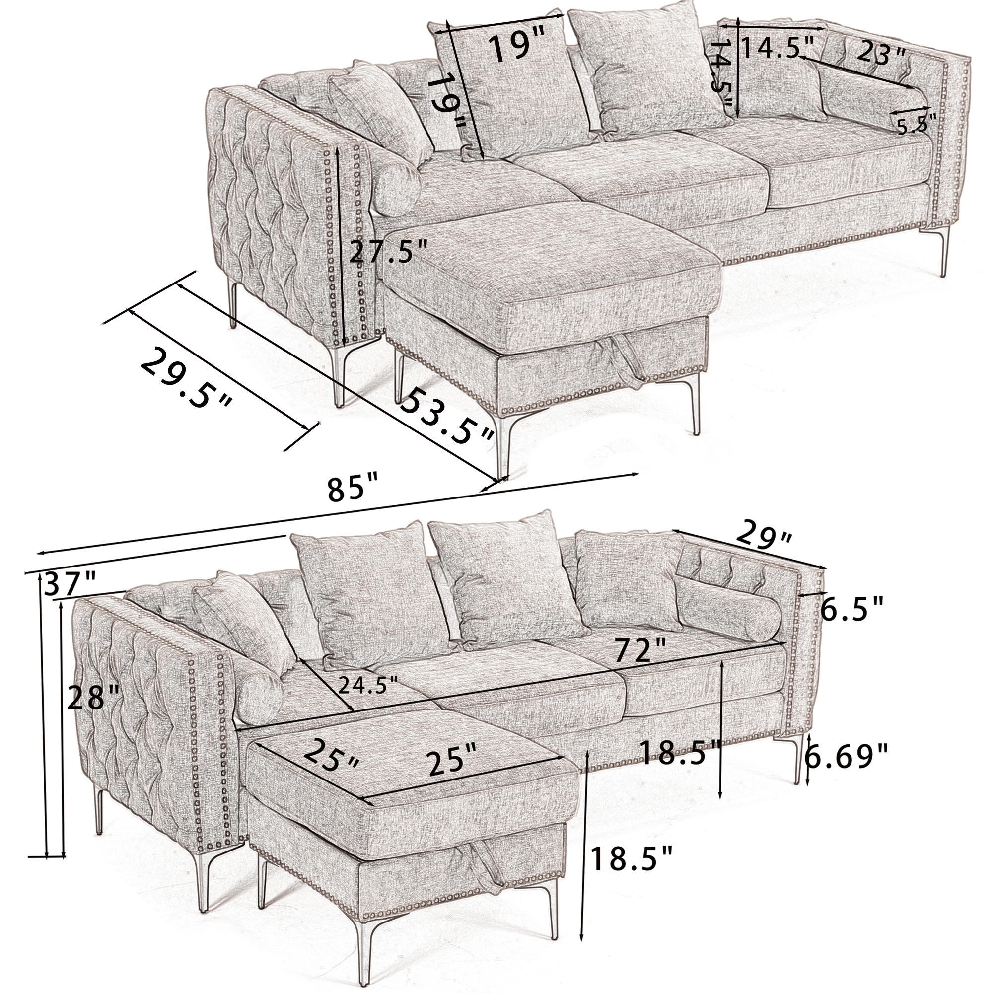 L Shaped Sectional Convertible Sofa with Storage Ottoman and Modern Tufted style