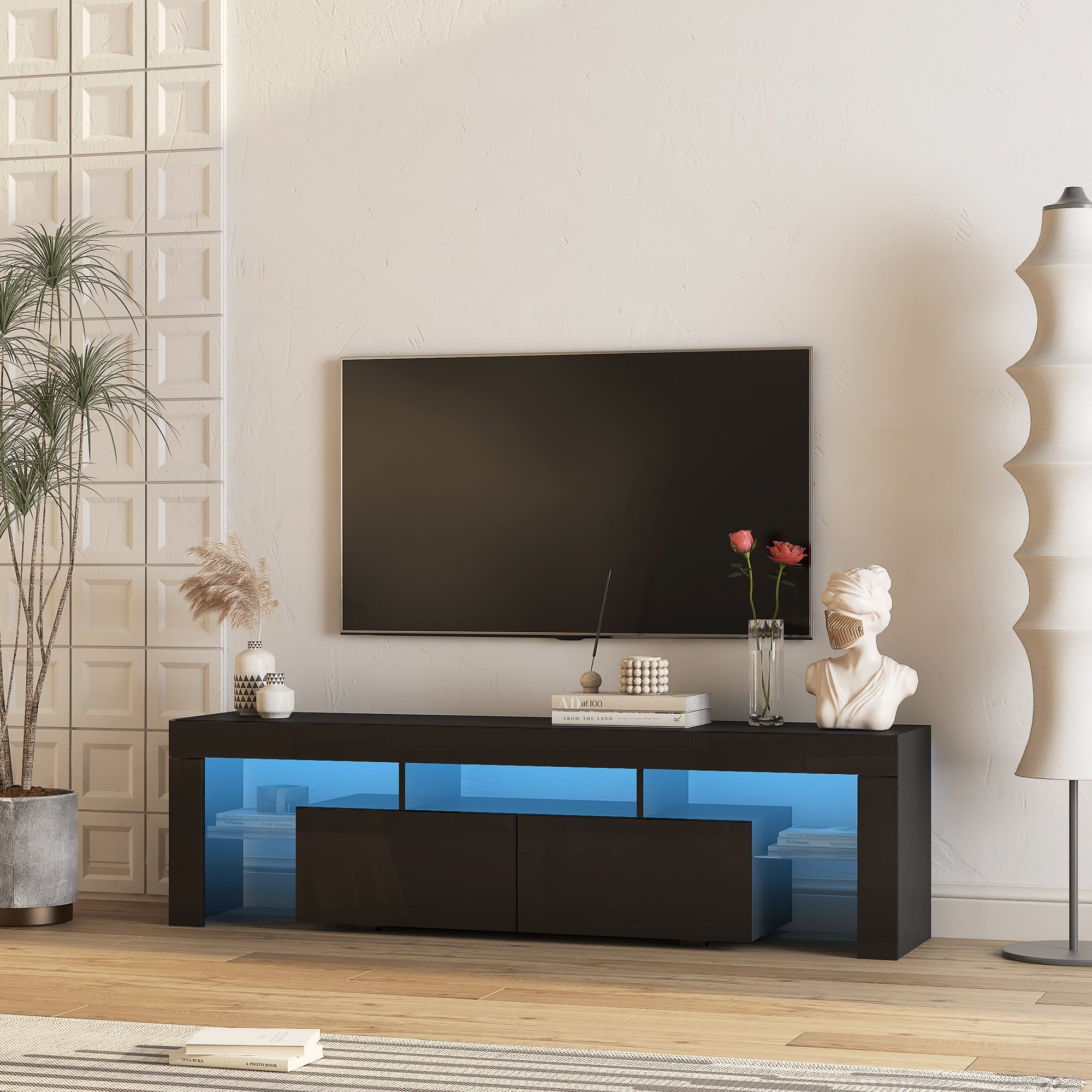 TV Stand High Gloss LED Black MDF Storage Cabinet Fits 65 In TV
