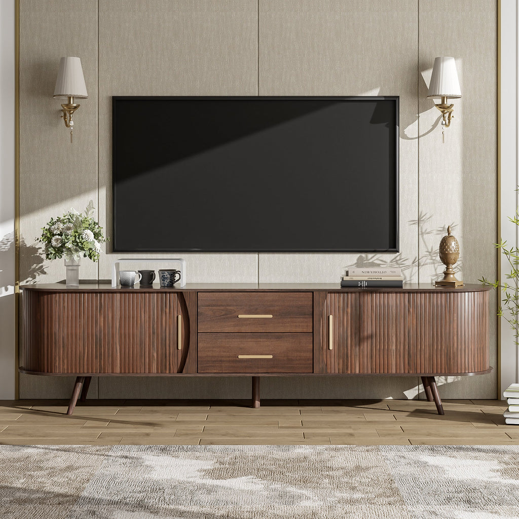 TV Stand Mid-Century Dark Brown Solid Wood Sliding Door Fits 80 In TV 70.8 In