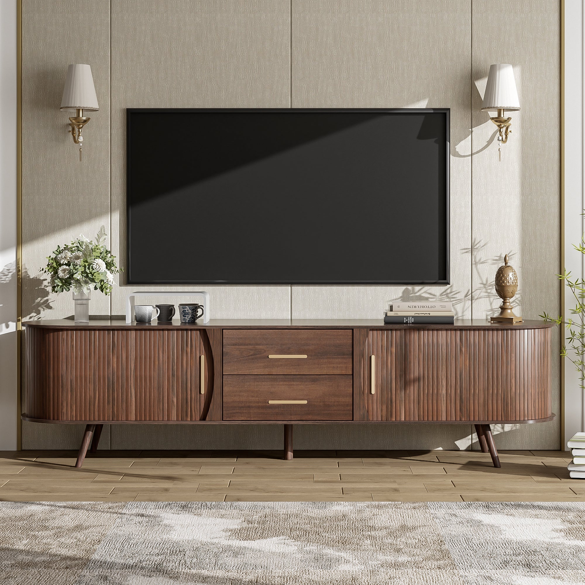TV Stand Mid-Century Dark Brown Solid Wood Sliding Door Fits 80 In TV 70.8 In