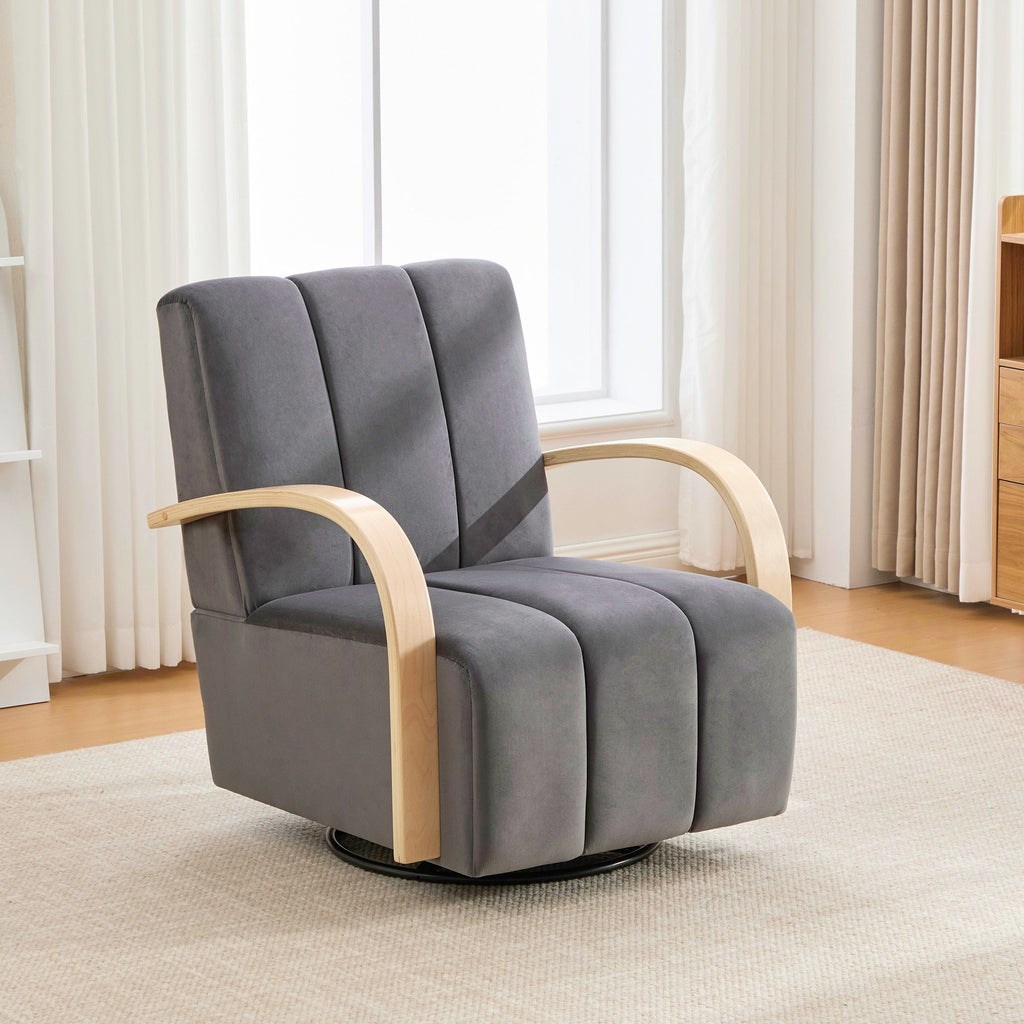 Swivel Accent Chair 360 Degree Velvet Charcoal Channel Tufted Wood Armrests