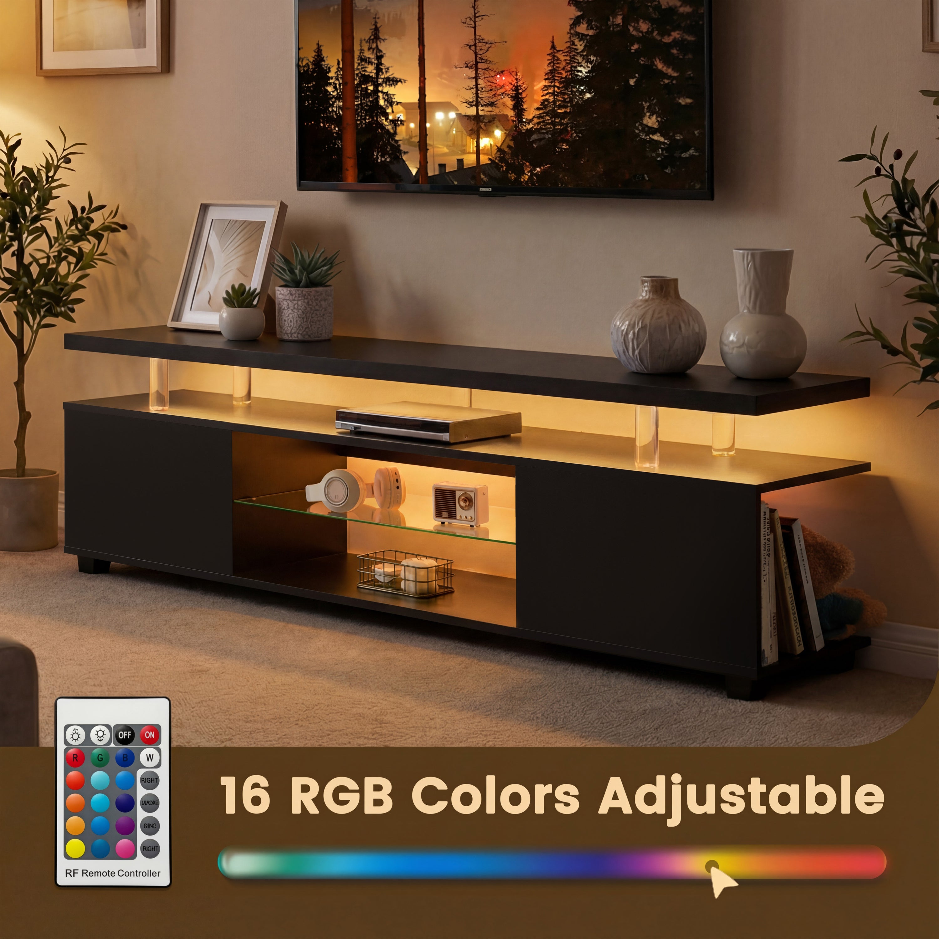 TV Stand Gaming LED Black Engineered Wood Fits 70 In TV 63x16x21 In