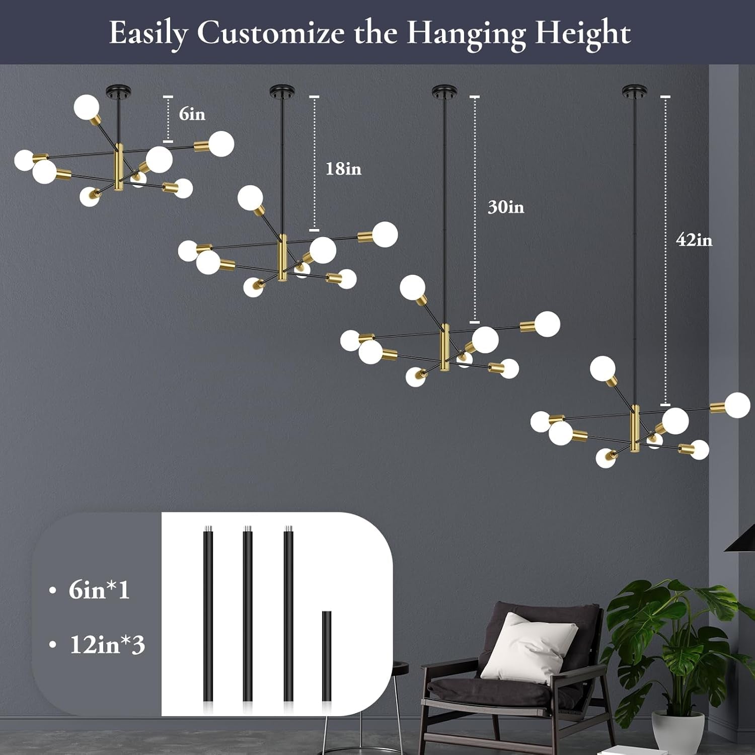 Eight Light Modern Sputnik Chandelier Black And Gold