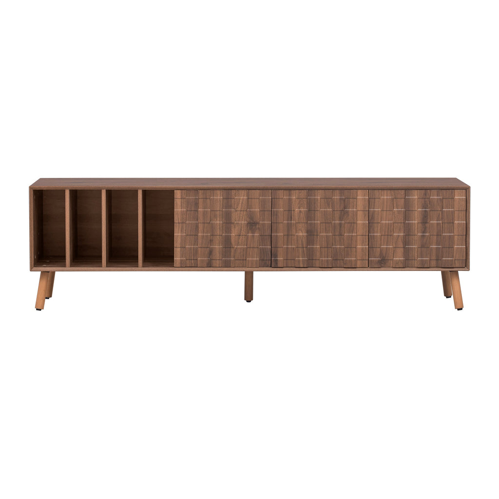 TV Stand Mid-Century Walnut Solid Wood MDF Push-Pop Doors Fits 80 In TV