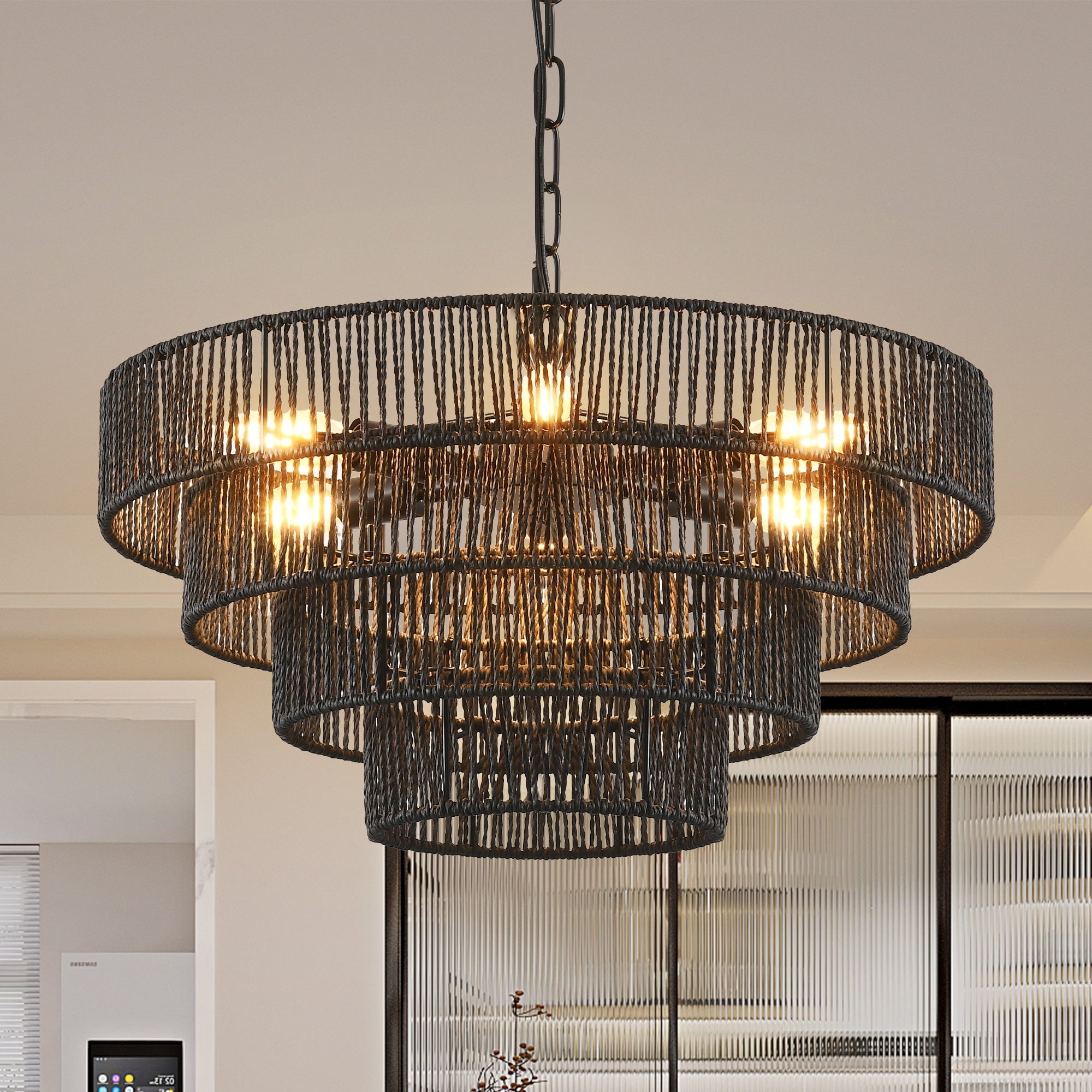 Chandelier 4-Tier Black Hemp Rope Pendant 6-Light Boho 20 In Dining