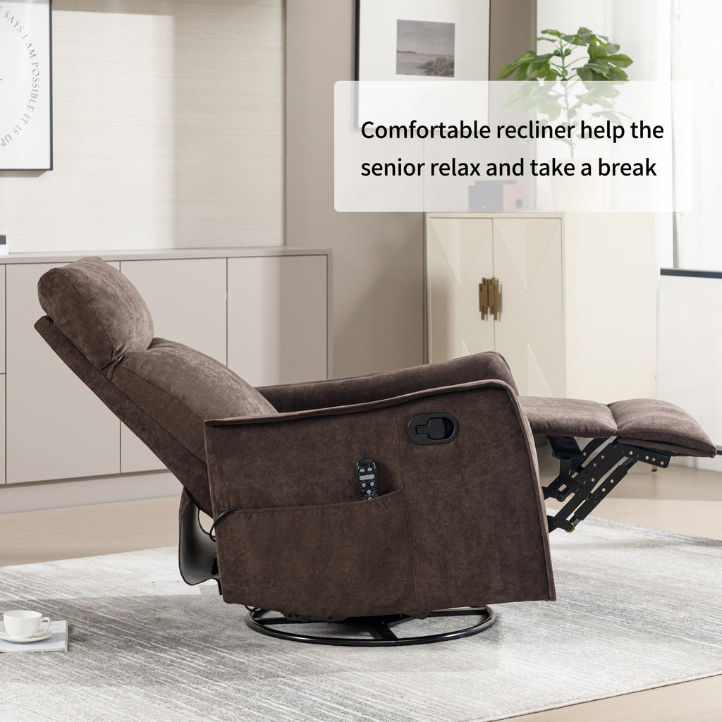 Recliner Chair Swivel Rocker Polyester Brown 360 Degree Heat Massage 155