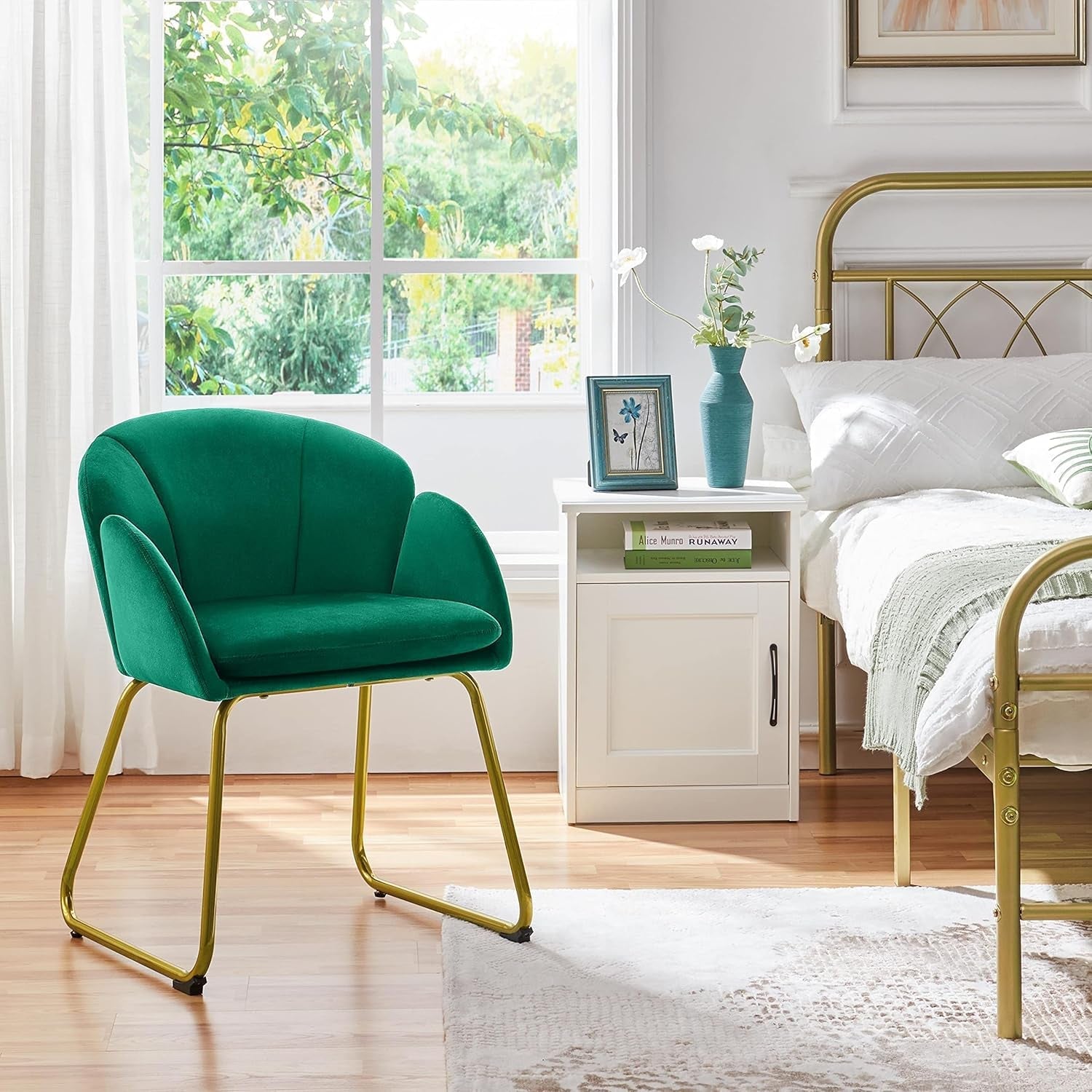 Flower Velvet Vanity Chair Green Upholstery With Gold Legs
