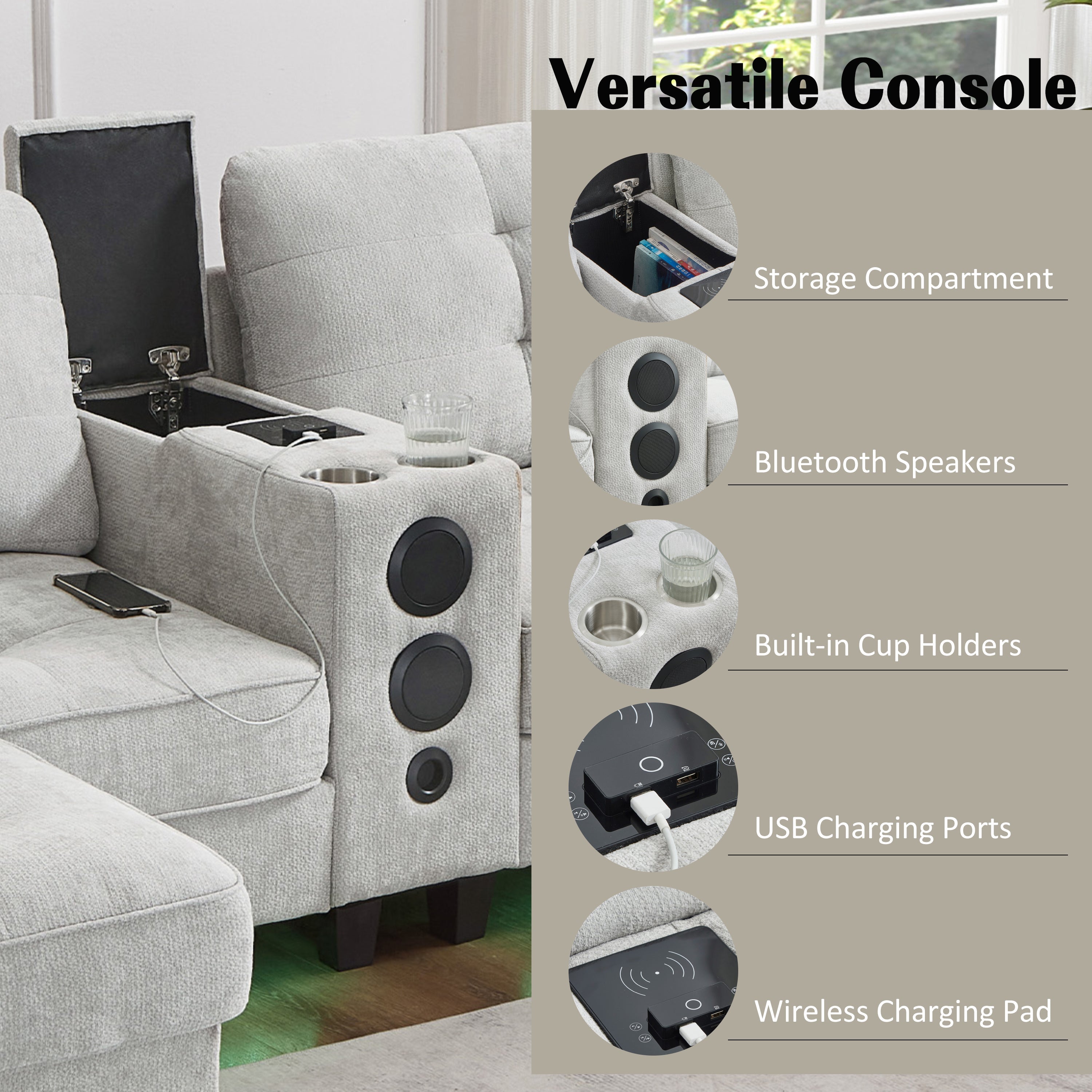 Sectional Sofa U-Shape Chenille Light Gray 6 Seat Bluetooth 126 In