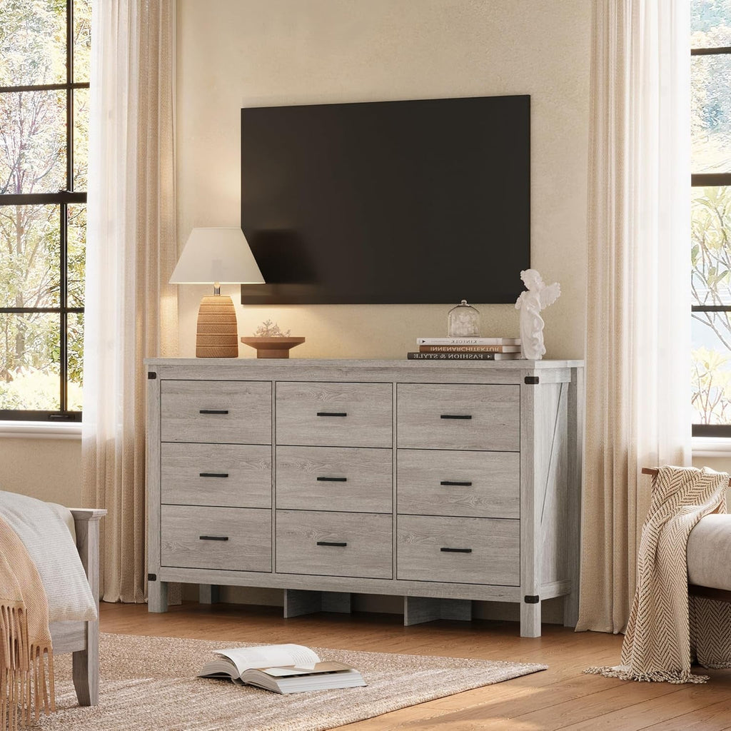 59 Inch Washed Grey Modern Farmhouse DresserWithNineDrawers