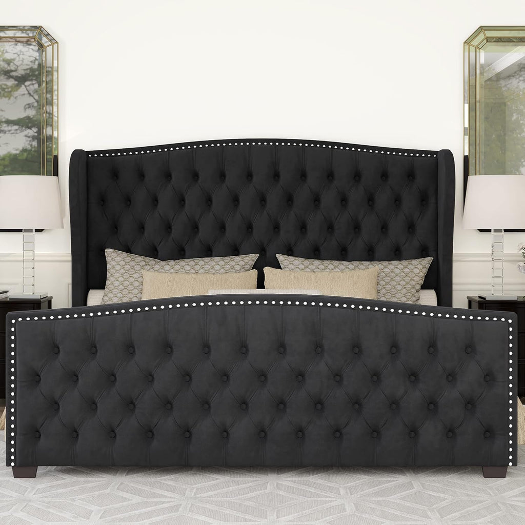 Queen Size Platform Bed Frame With Nailhead Trim Deluxe