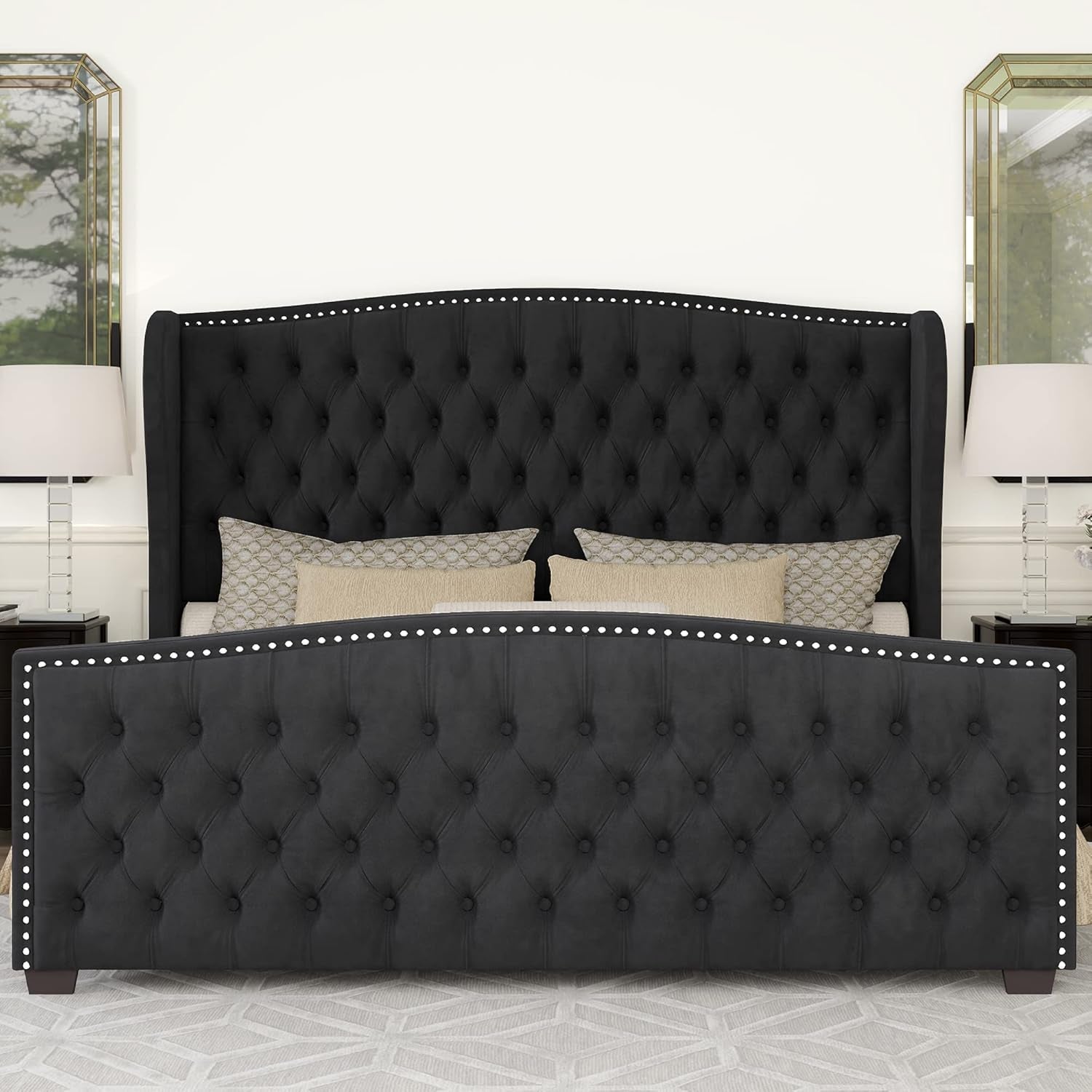Queen Size Platform Bed Frame With Nailhead Trim Deluxe