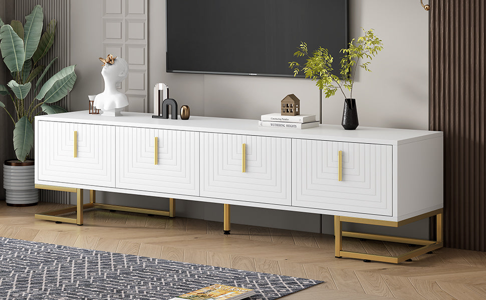 TV Stand Modern White Gold Geometric Door MDF Adjustable Shelves Fits 80 In