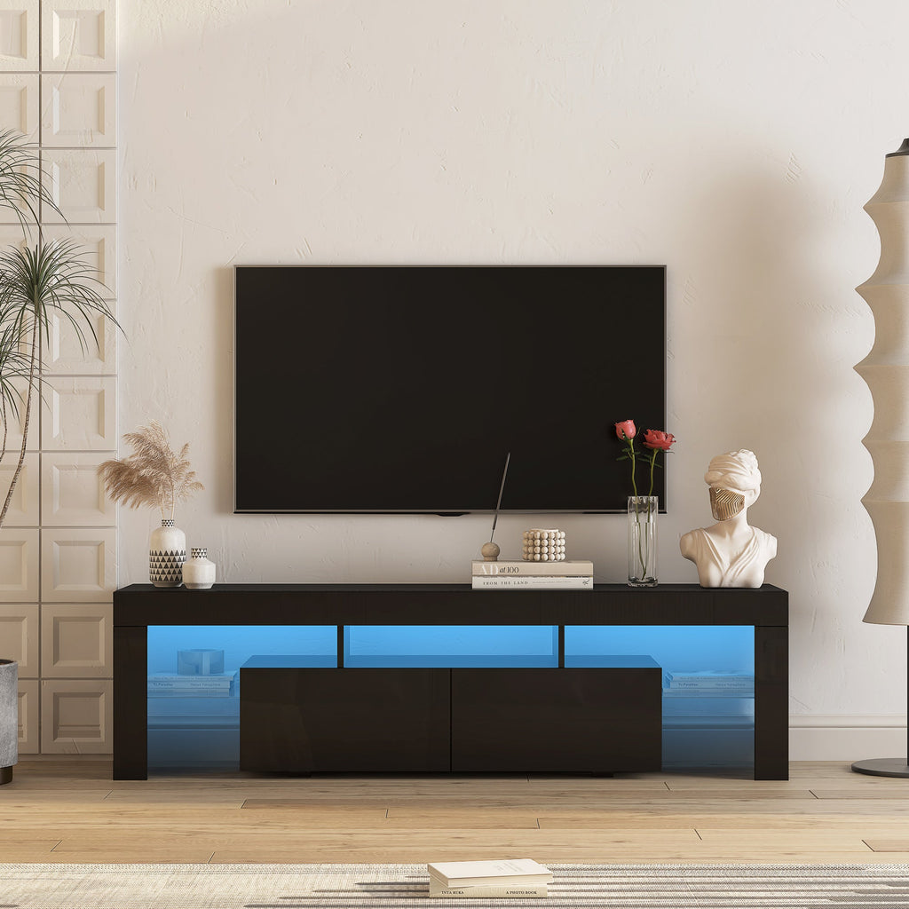 TV Stand High Gloss LED Black MDF Storage Cabinet Fits 65 In TV