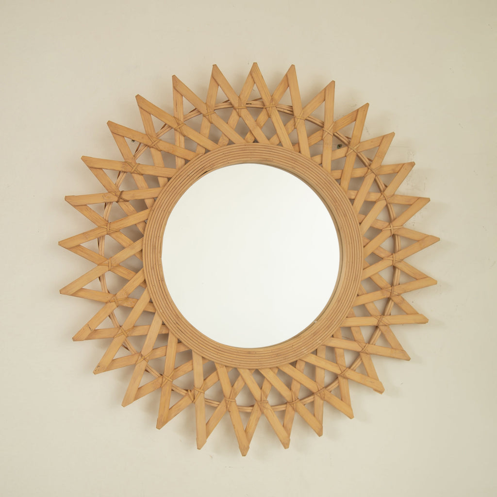 Wall Mounted Circle Mirror Boho Bamboo Natural 24x24 Inch Bedroom