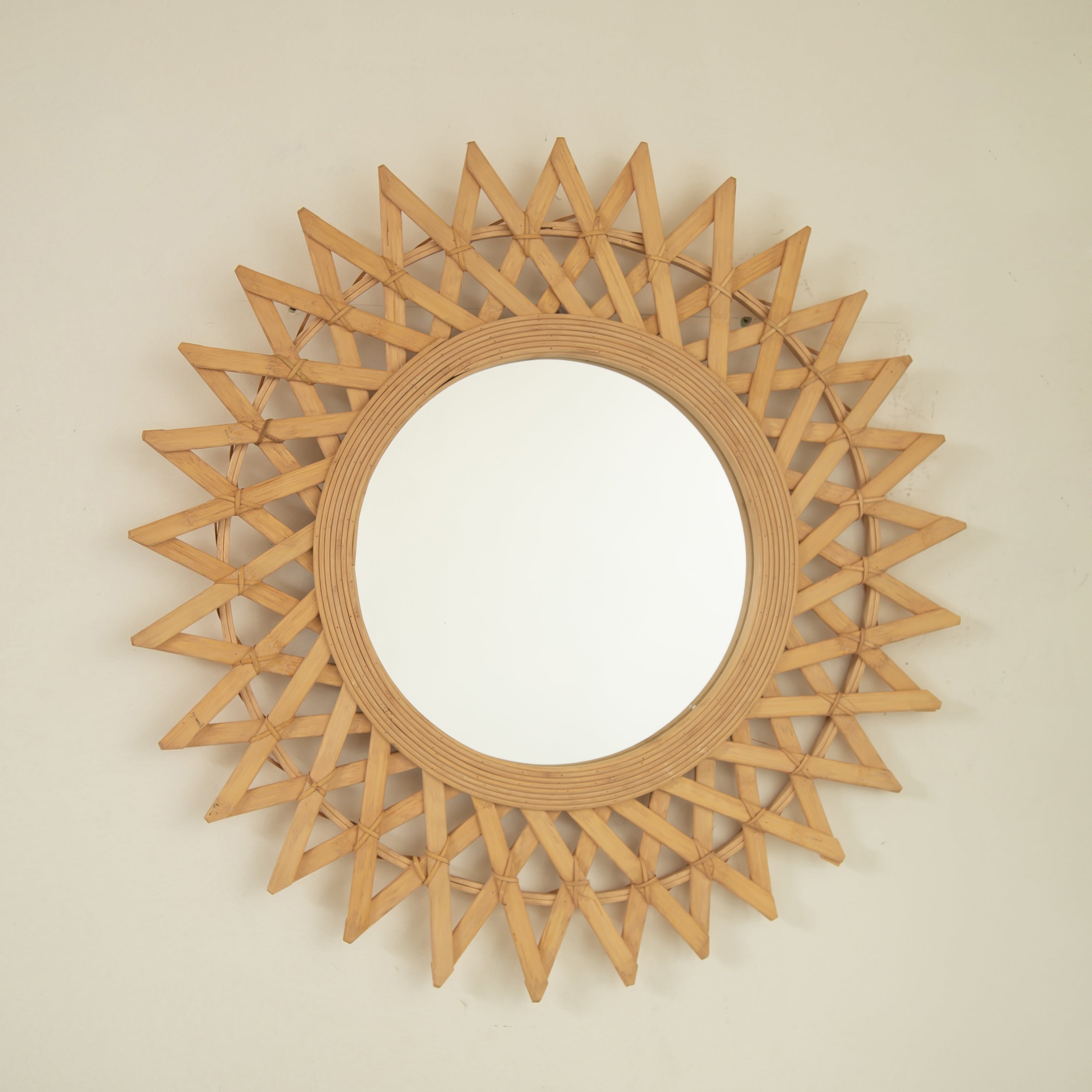 Wall Mounted Circle Mirror Boho Bamboo Natural 24x24 Inch Bedroom