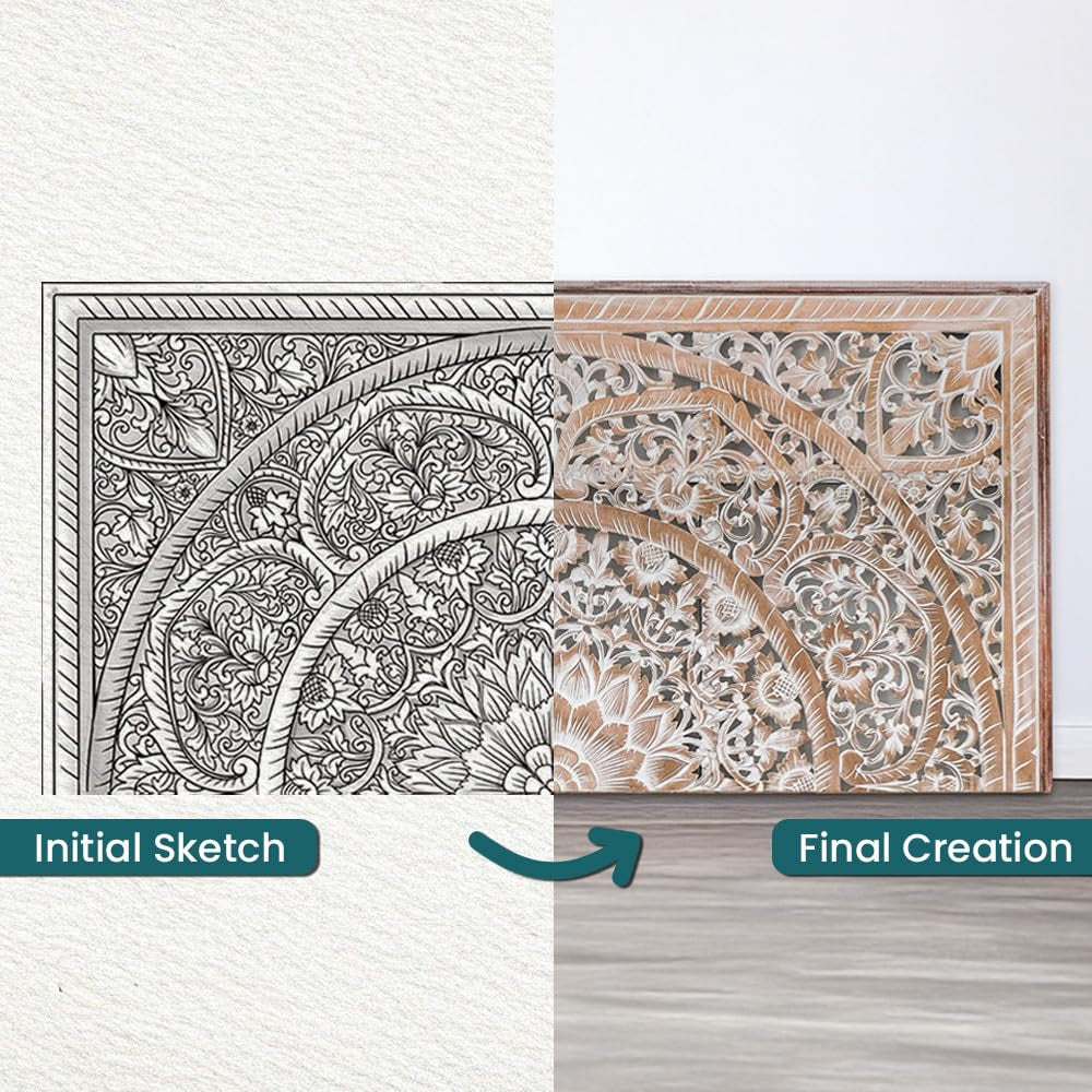 Handcrafted White-Wash Wooden Queen Headboard with Carved Design