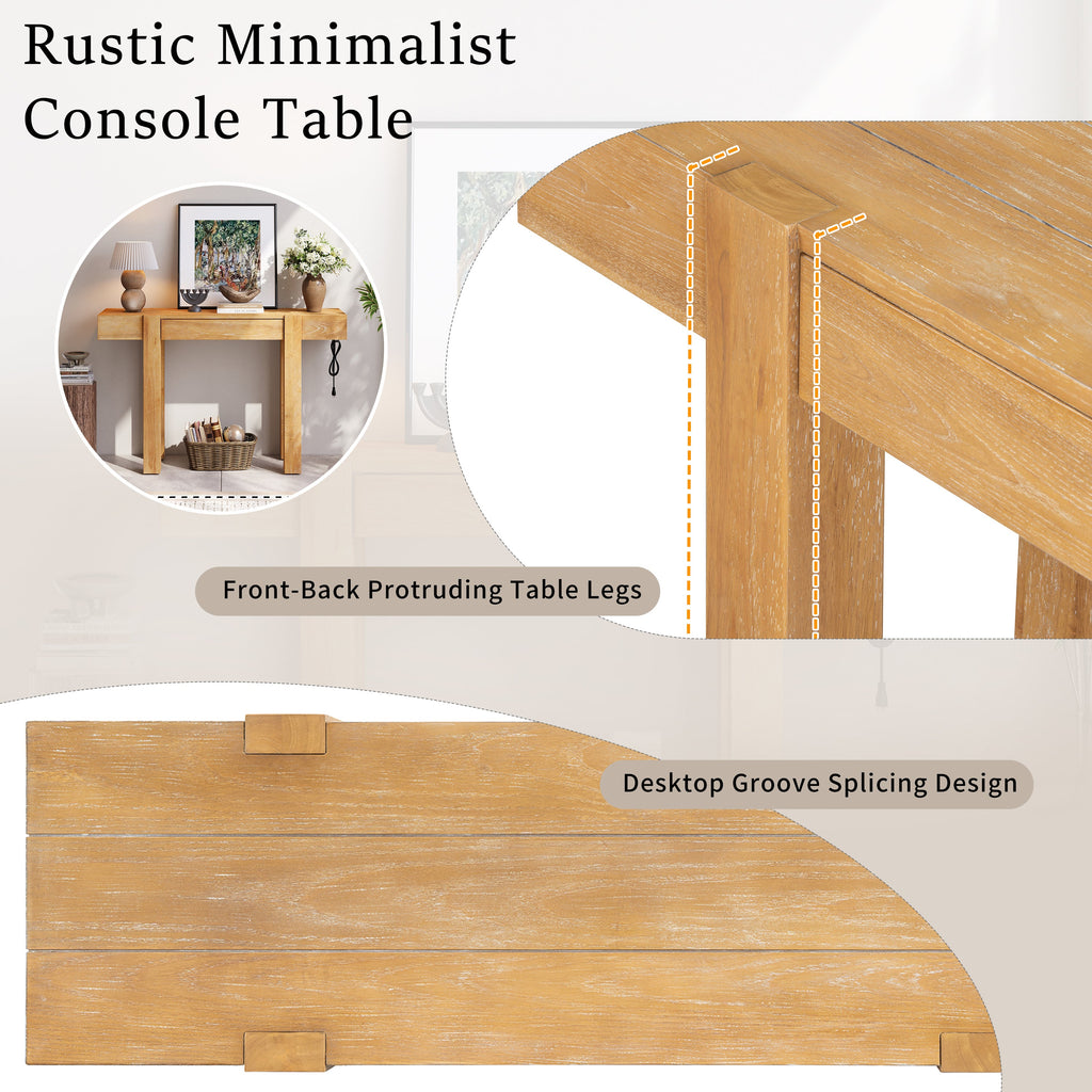 Rustic Console Table, Hidden Drawer, Side Power Outlet, Entryway Table, Natural