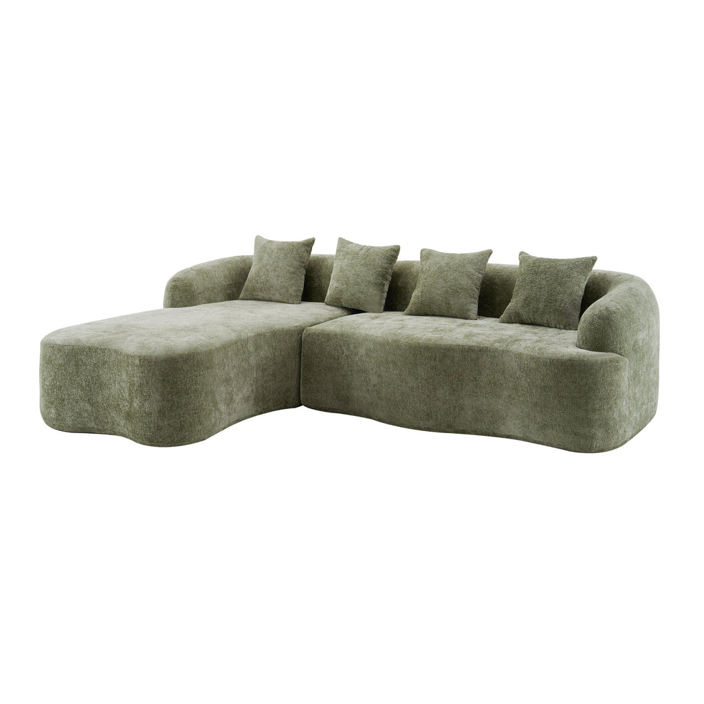 Sectional Sofa l Shape Chenille Green Curved Chaise with Foam and Spring Support