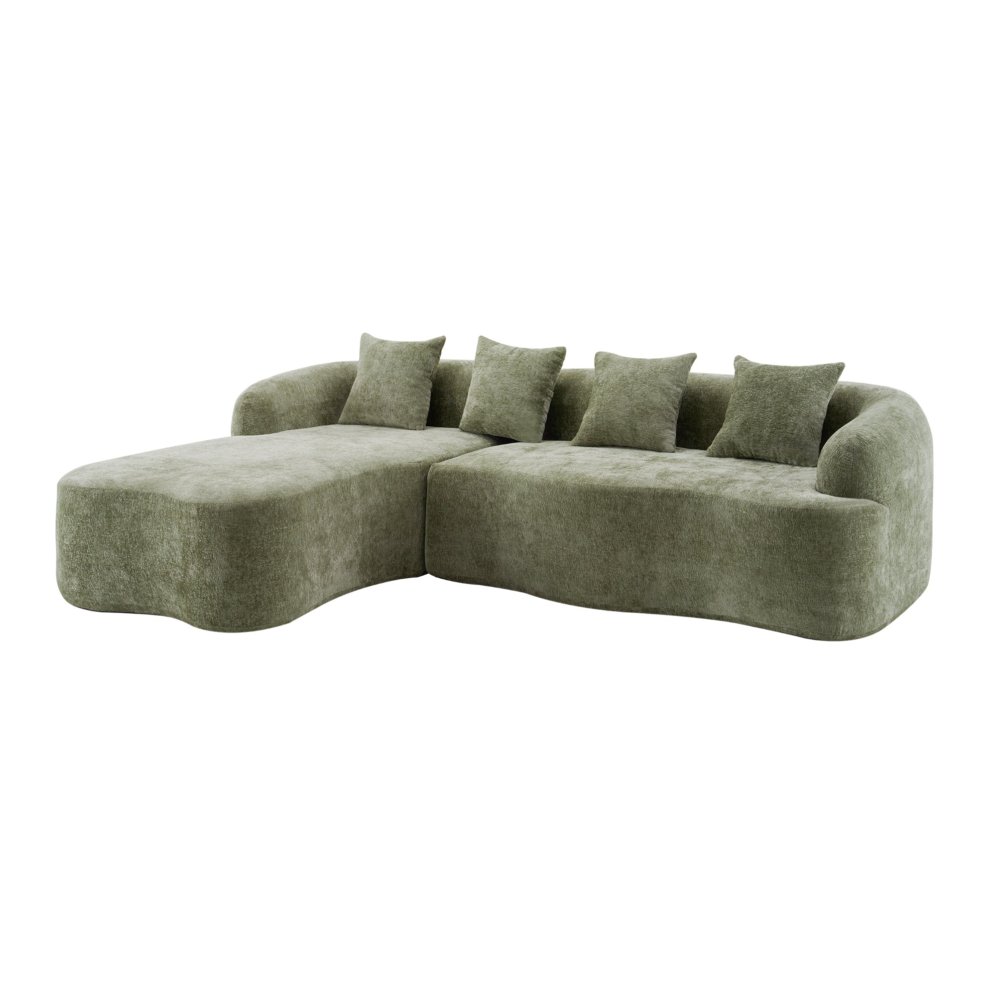 Sectional Sofa l Shape Chenille Green Curved Chaise with Foam and Spring Support
