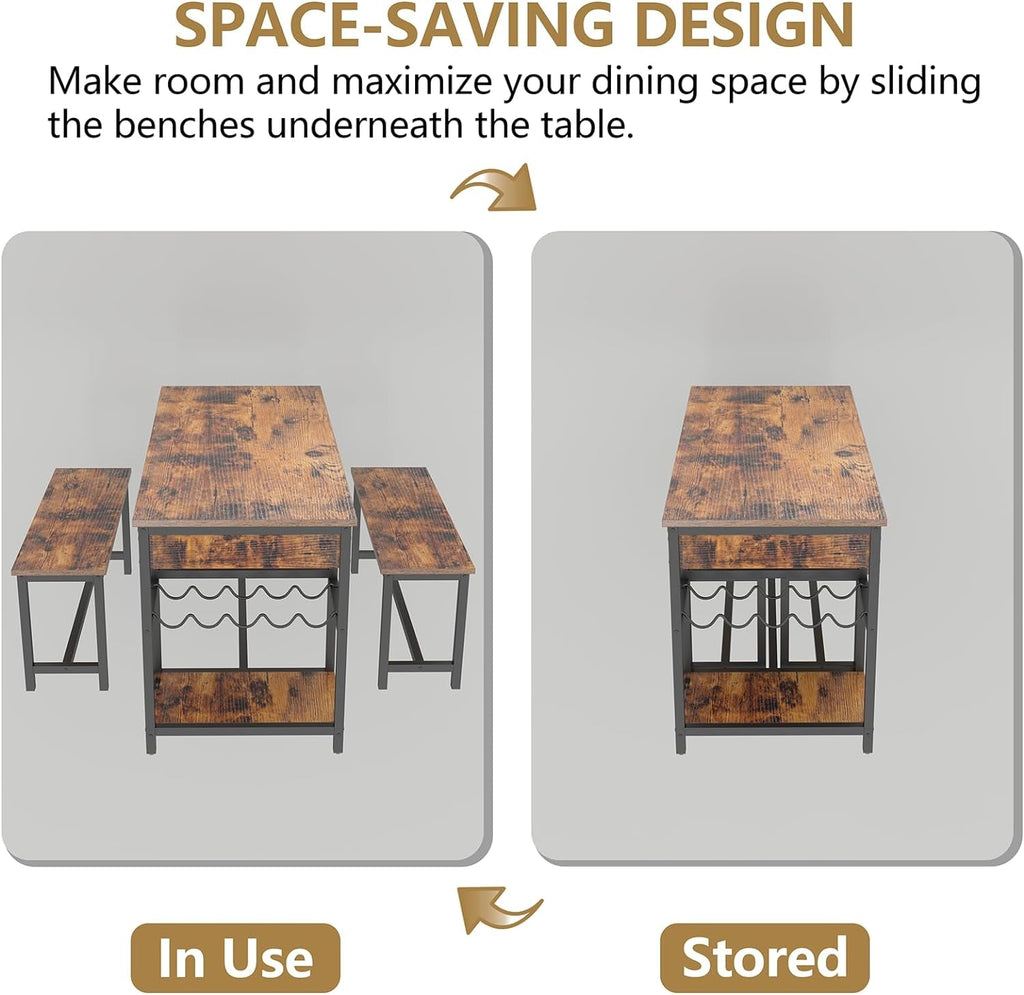 Rustic Dining Table Set For 4 To 6 With Storage Drawer