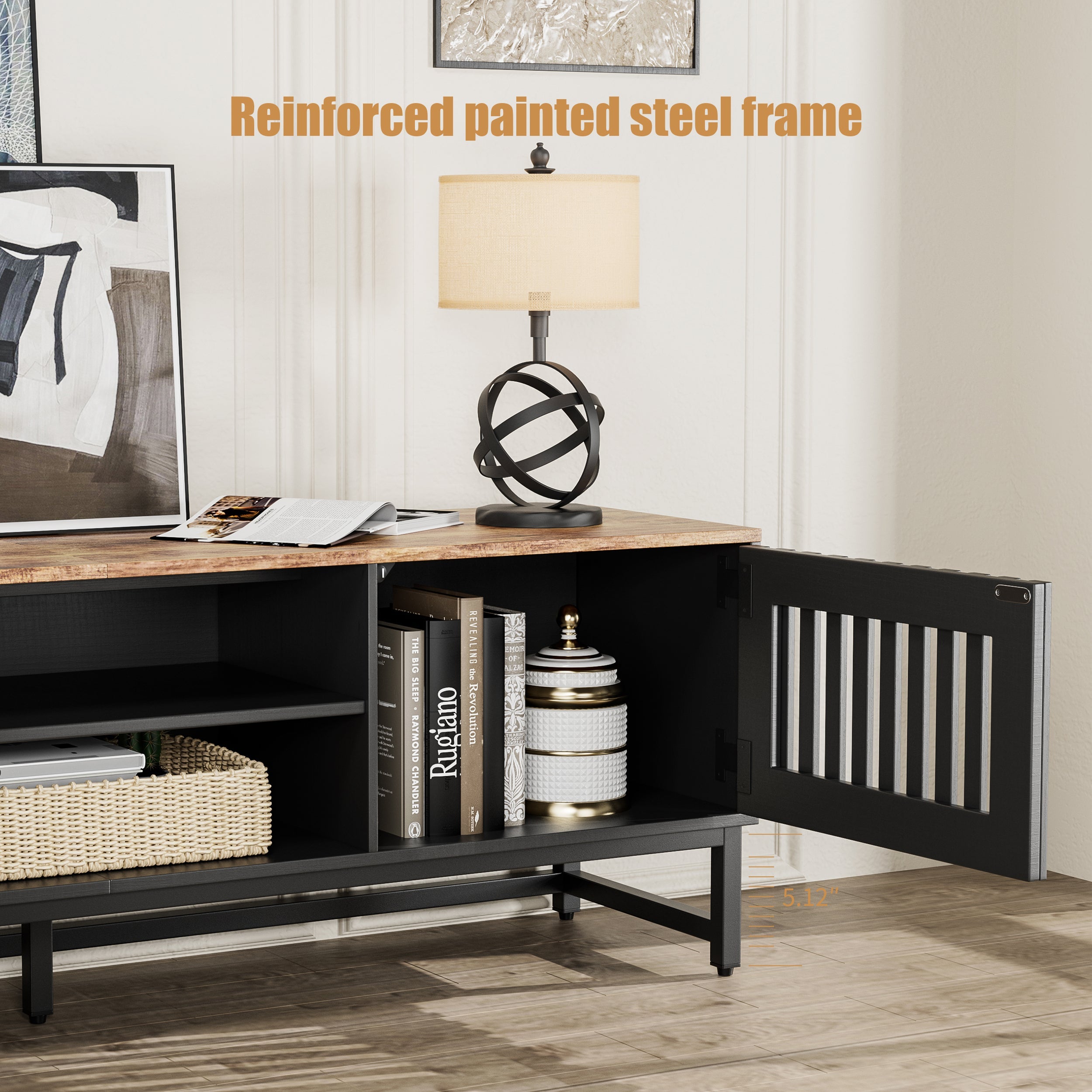 TV Stand Mid-Century Black MDF Slatted Grille Doors 4-Shelf Fits 60 In TV