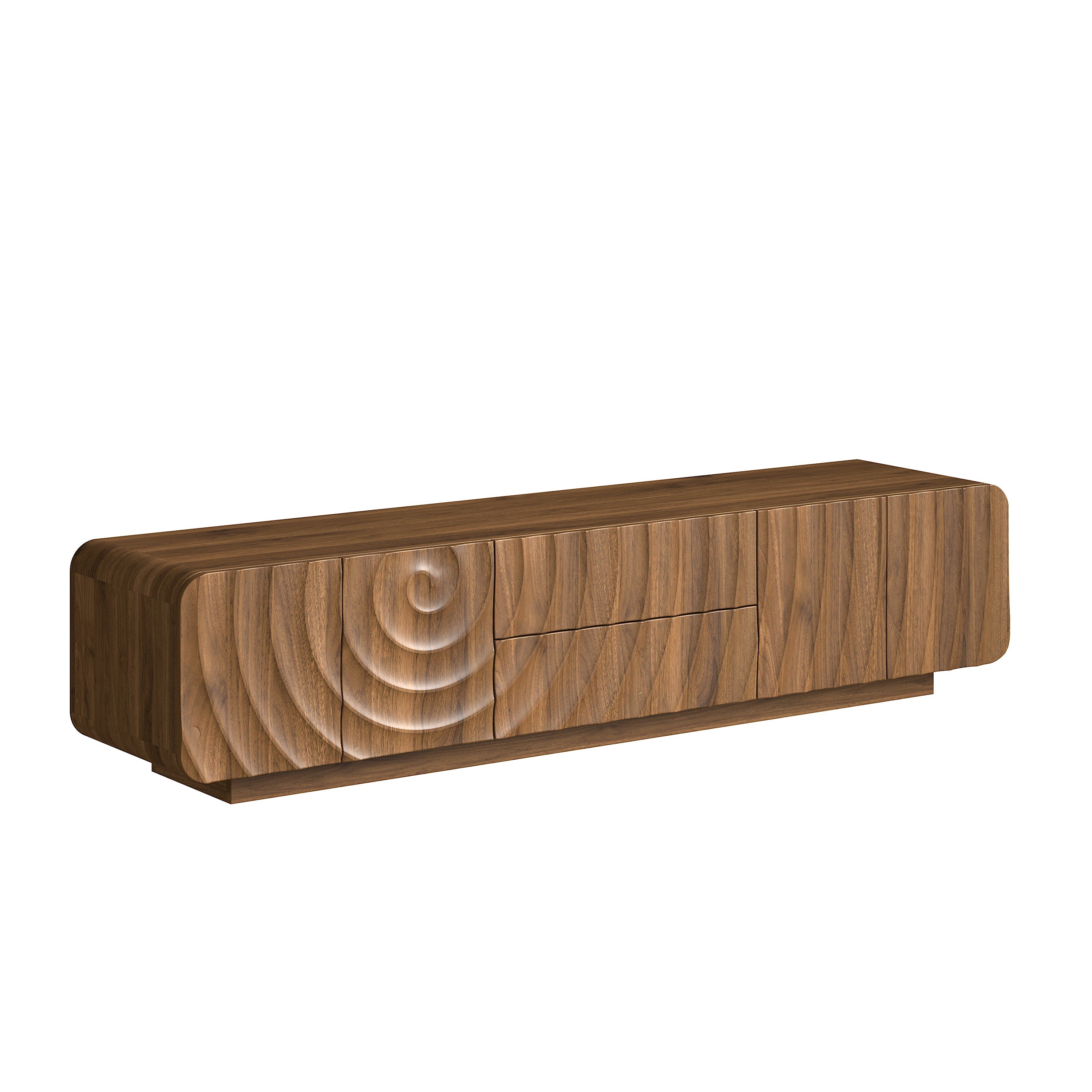 TV Stand Mid-Century Spiral Wave Walnut MDF Floating Base Fits 85 In TV