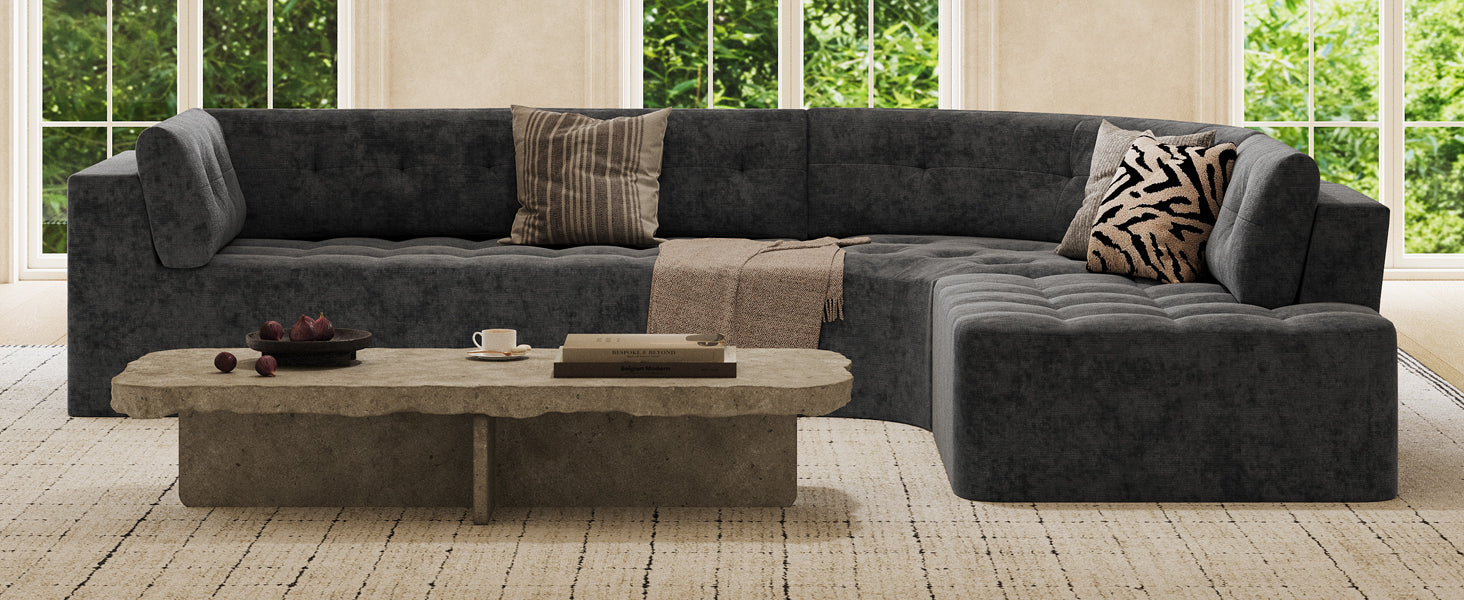 Sectional Sofa Curved L-Shape Chenille Gray 4 Seat 119 In Tufted