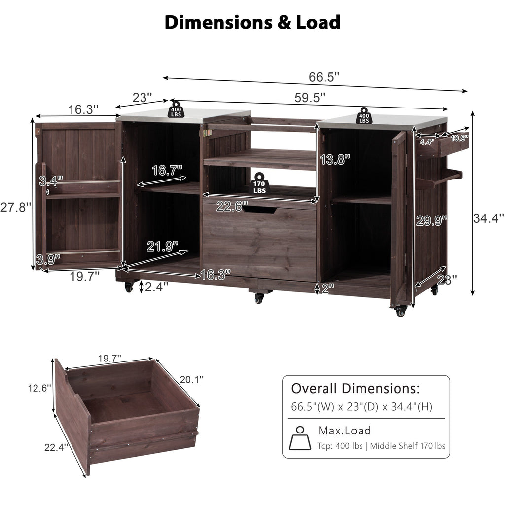 Outdoor Kitchen Island Grill Cart Fir Wood Stainless Steel Top 66.5x23x34 In
