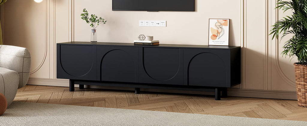 TV Stand Minimalist Black Particle Board Arch Doors Wood Legs Fits 78 In TV