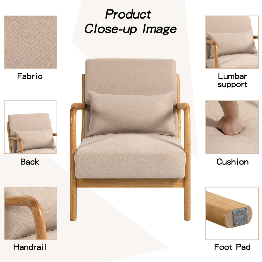 Accent Chair Mid Century Modern Beige Linen with Wood Armrest and Feet One Seat