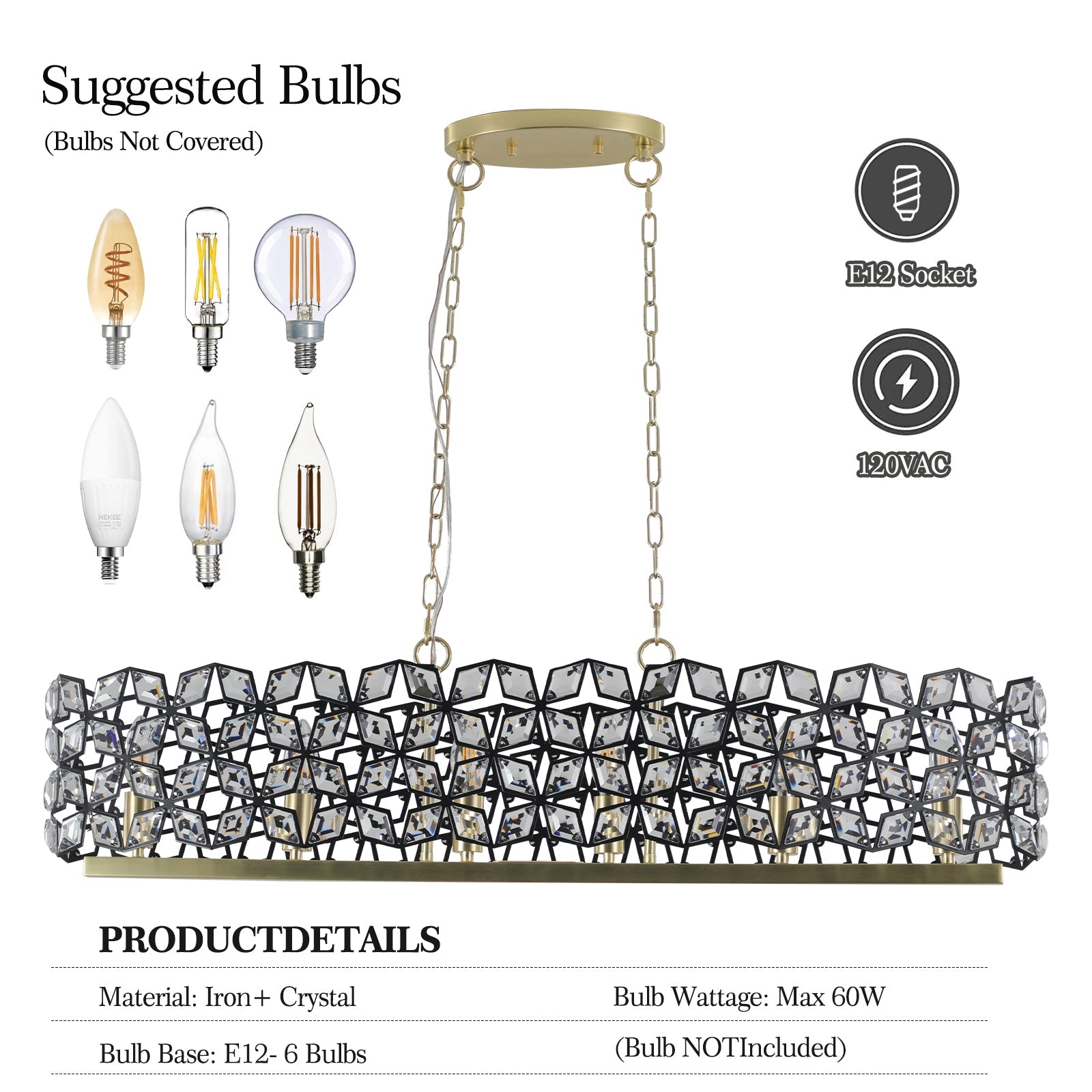 Chandelier Crystal Black Gold Geometric Modern Pendant 39 In