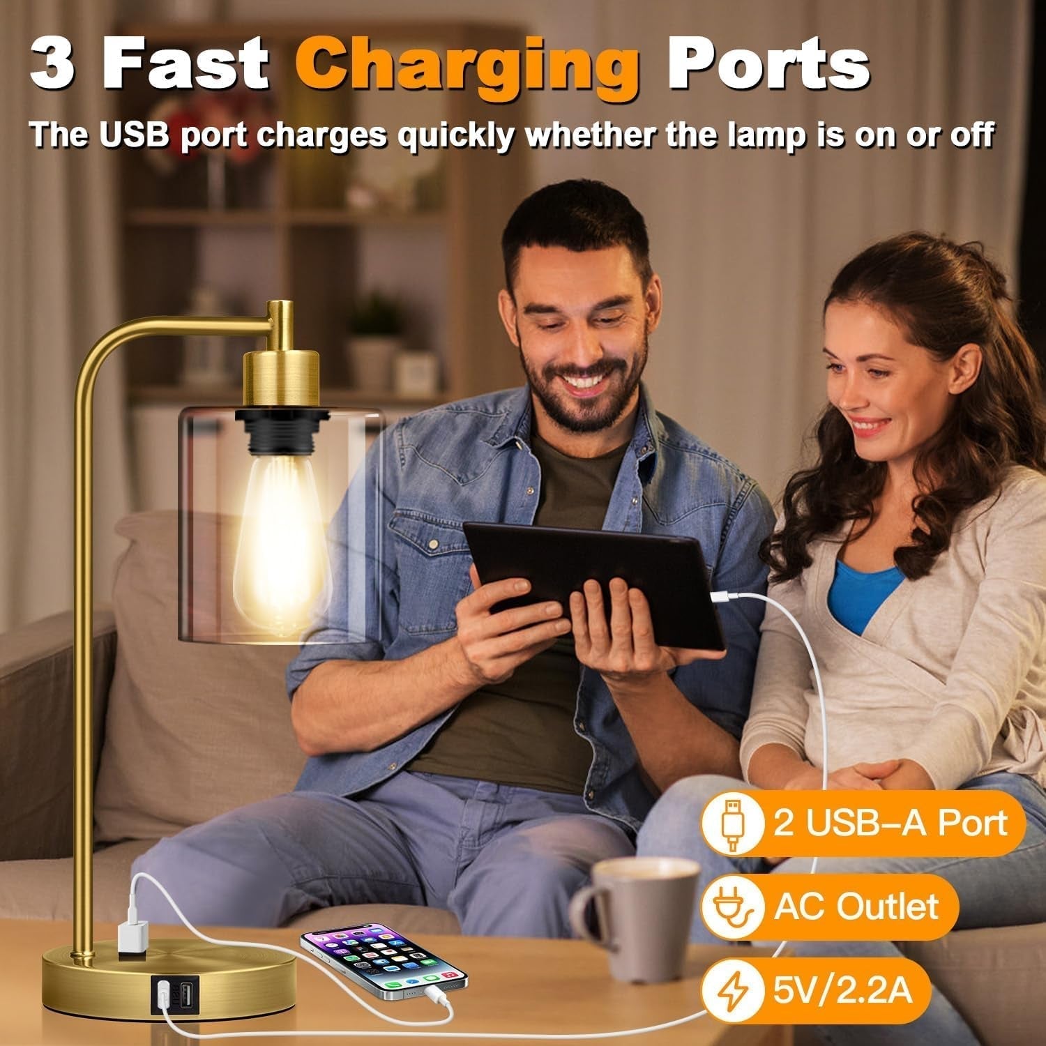 Industrial Touch Table Lamps Set Of 2 With USB Ports And AC Outlet Brass