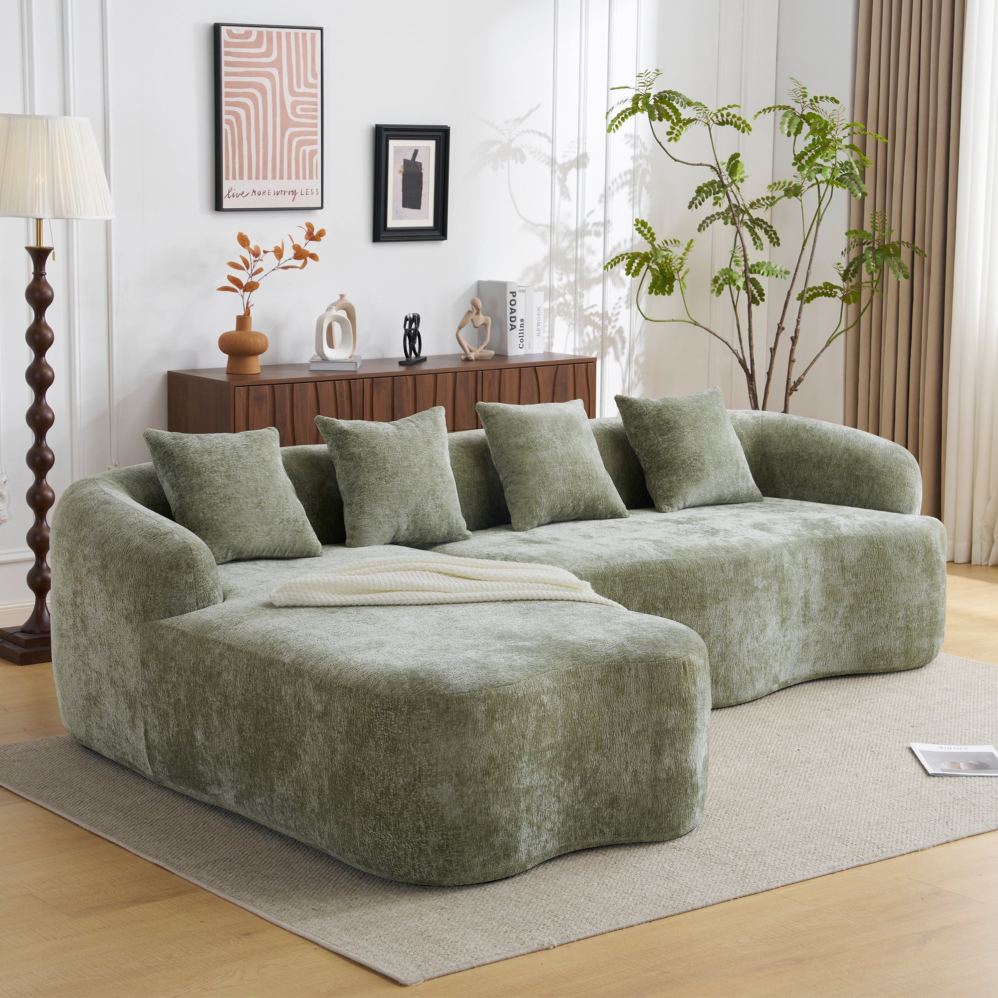 Sectional Sofa l Shape Chenille Green Curved Chaise with Foam and Spring Support