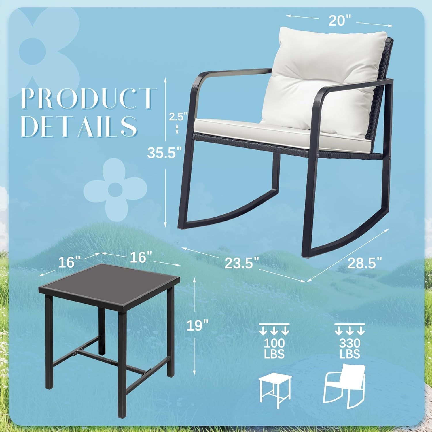 Patio Set 3 Piece White Wicker Rocking With Coffee Table