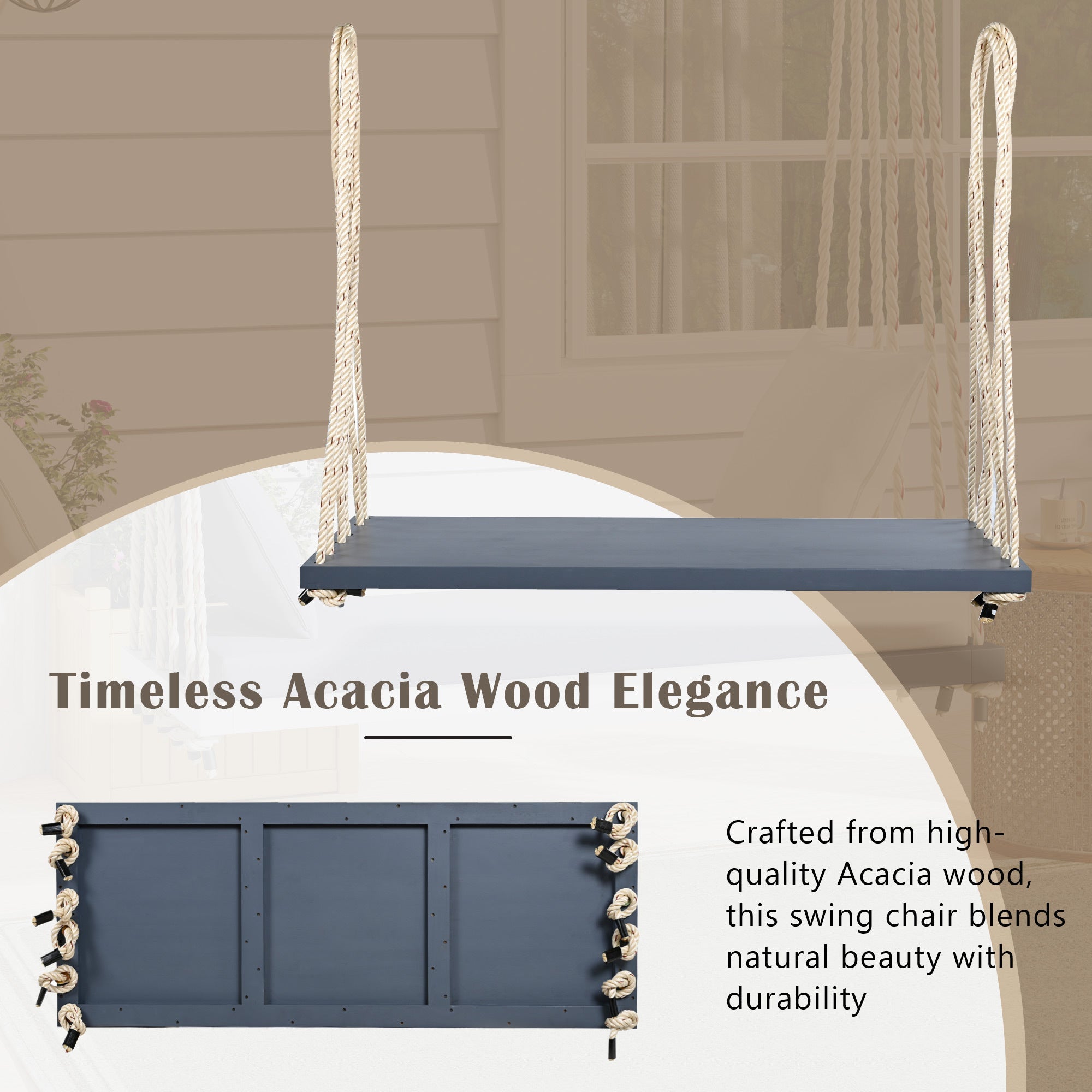 Outdoor Hanging Swing Chair Acacia Wood Gray Cushion Pillows 63x23.6 In 400 LB