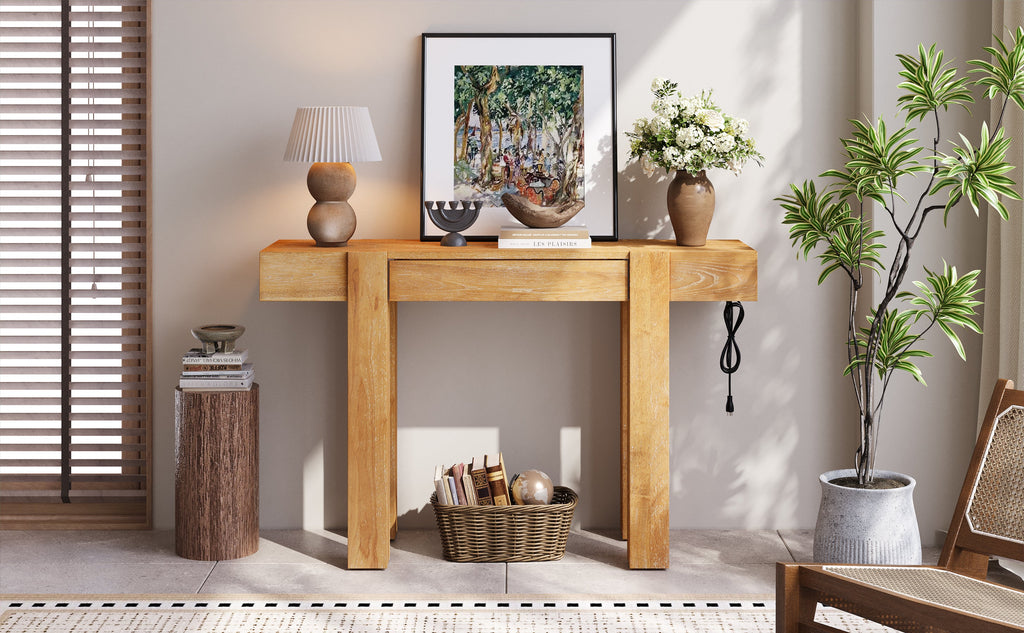 Rustic Console Table, Hidden Drawer, Side Power Outlet, Entryway Table, Natural