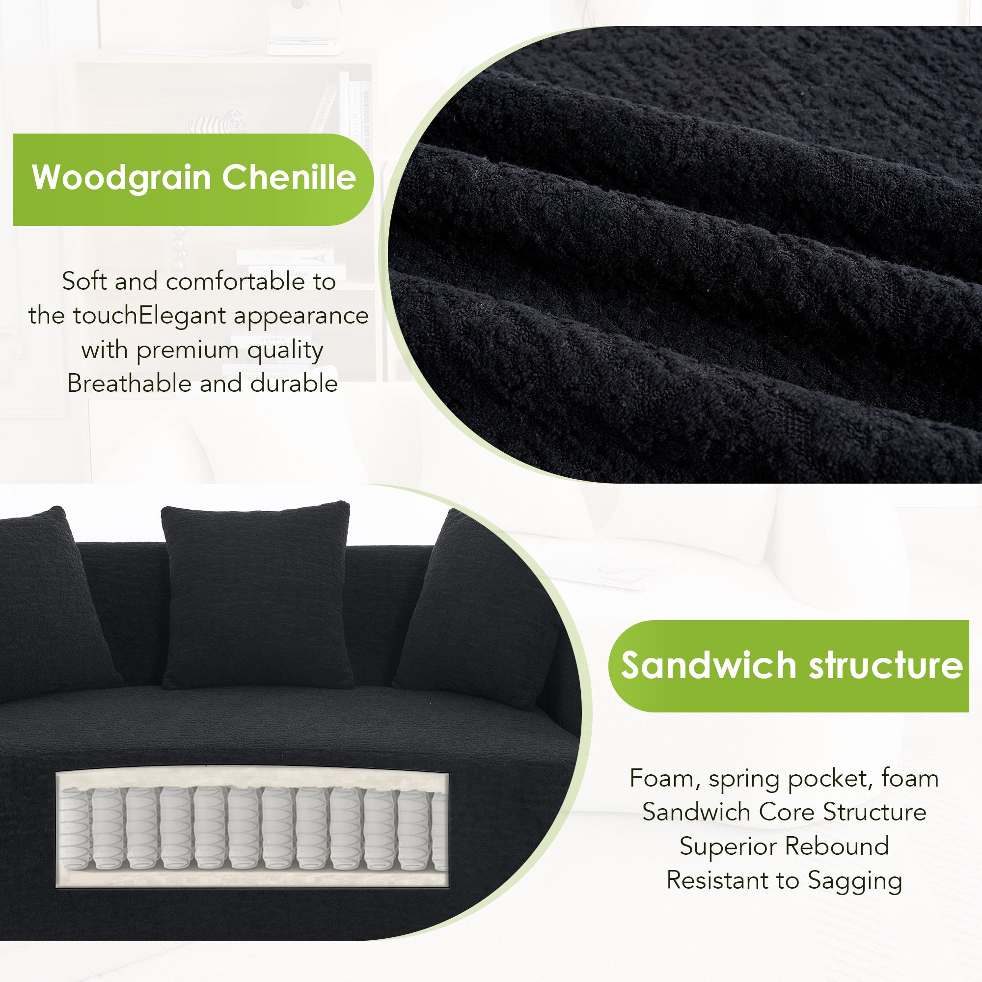 Sectional Sofa l Shaped with Curved Chaise Black Chenille Sleeper