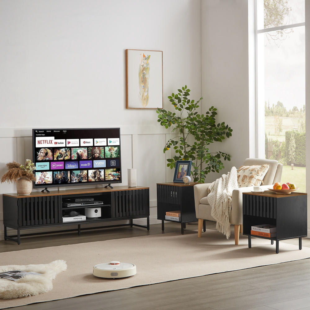 TV Stand Mid-Century Black MDF Slatted Grille Doors 4-Shelf Fits 60 In TV